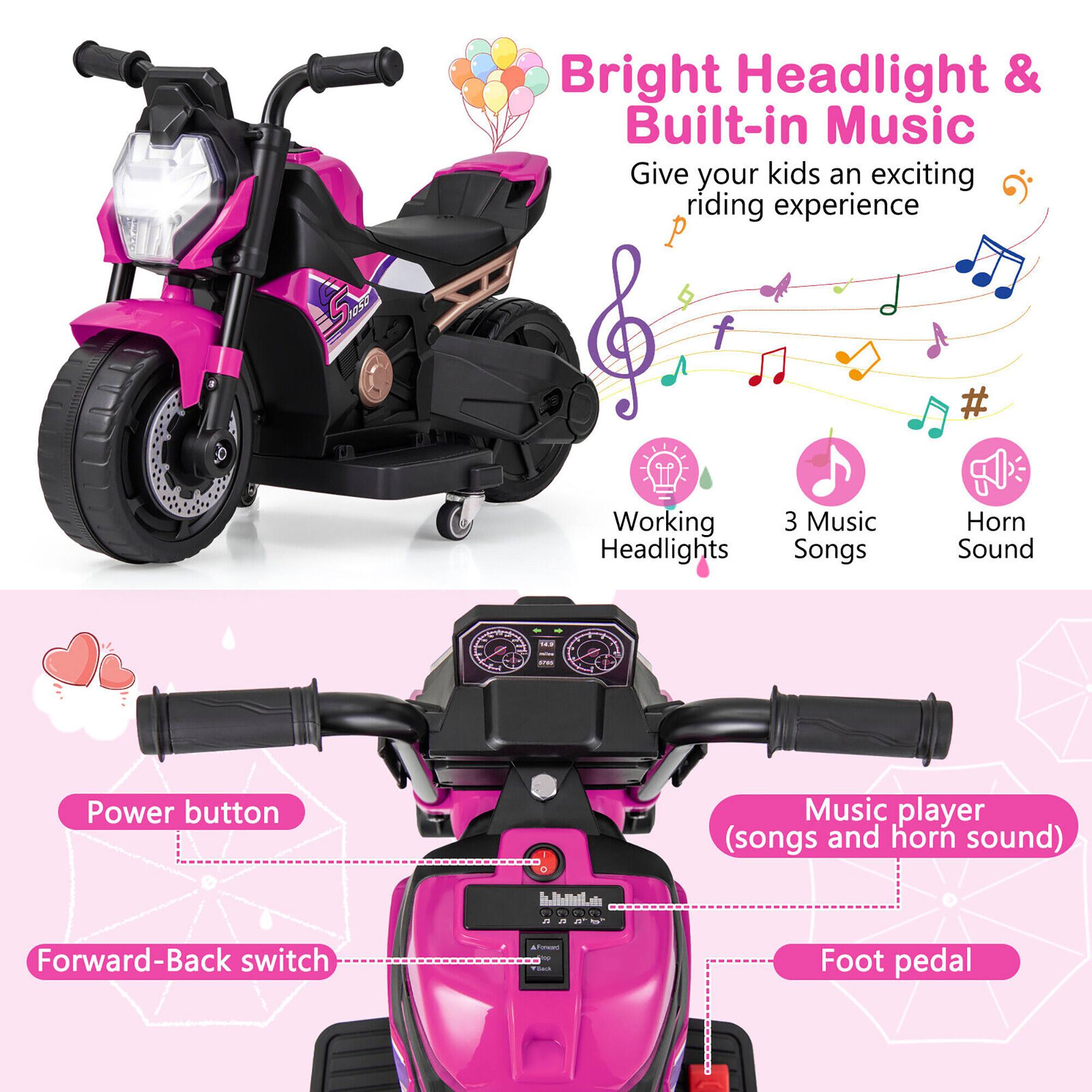 Bright Headlight & Built-in Music  
Give your kids an exciting riding experience  

- Working Headlights  
- 3 Music Songs  
- Horn Sound  

Power button  
Forward-Back switch  
Music player (songs and horn sound)  
Foot pedal