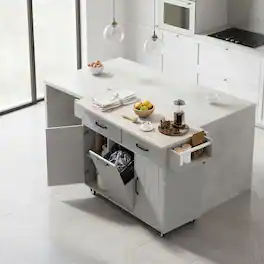 Forest'nSky - Kitchen Island with Trash Can Storage & Drop Leaf – Rolling Cart with Spice Rack, Towel Rack, Grey - Gray