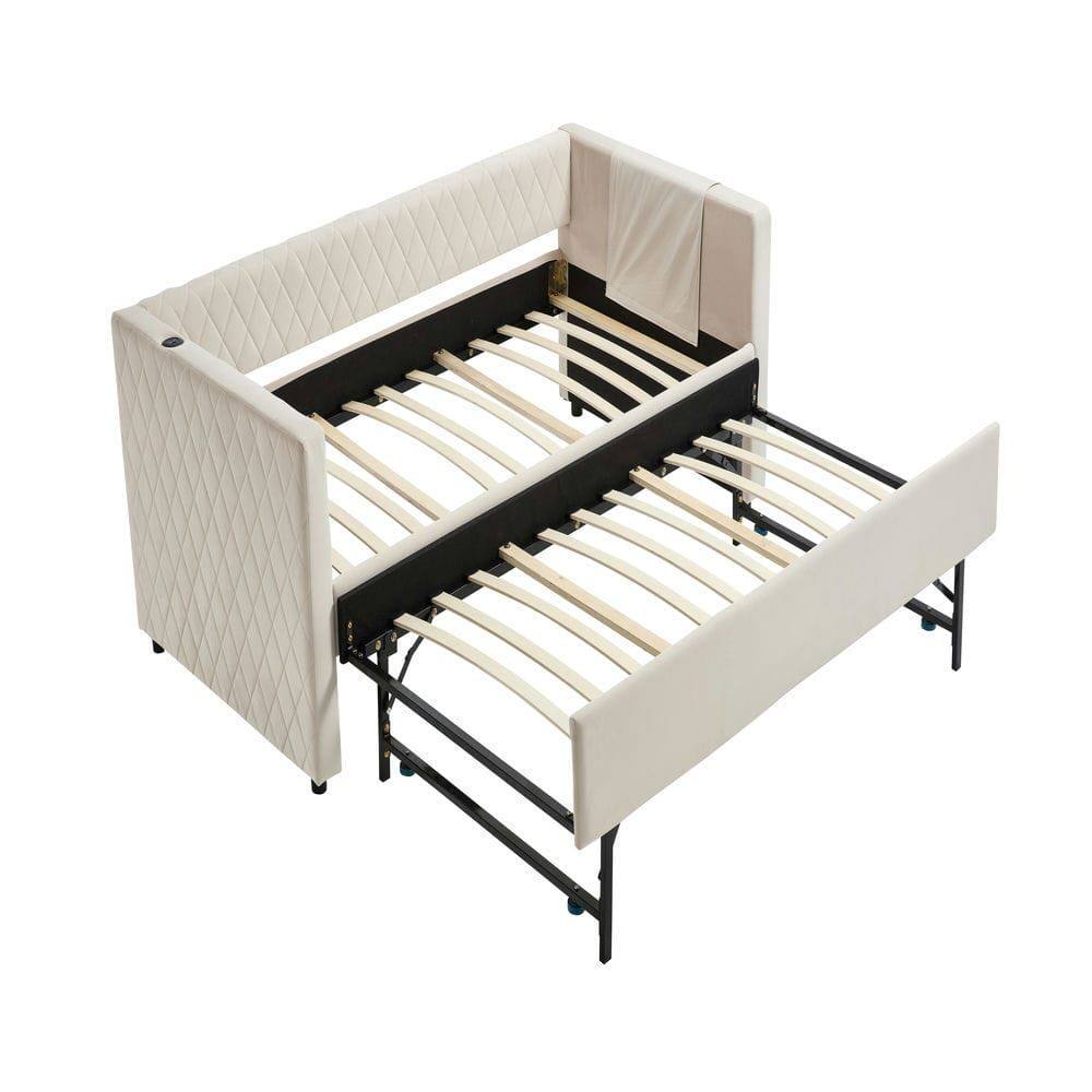 Alt View 1. Kadyn - Velvet Daybed with Sturdy Wood Frame, Modern Diamond Grid Pull-Out Design for Bedroom Living Room - Beige.