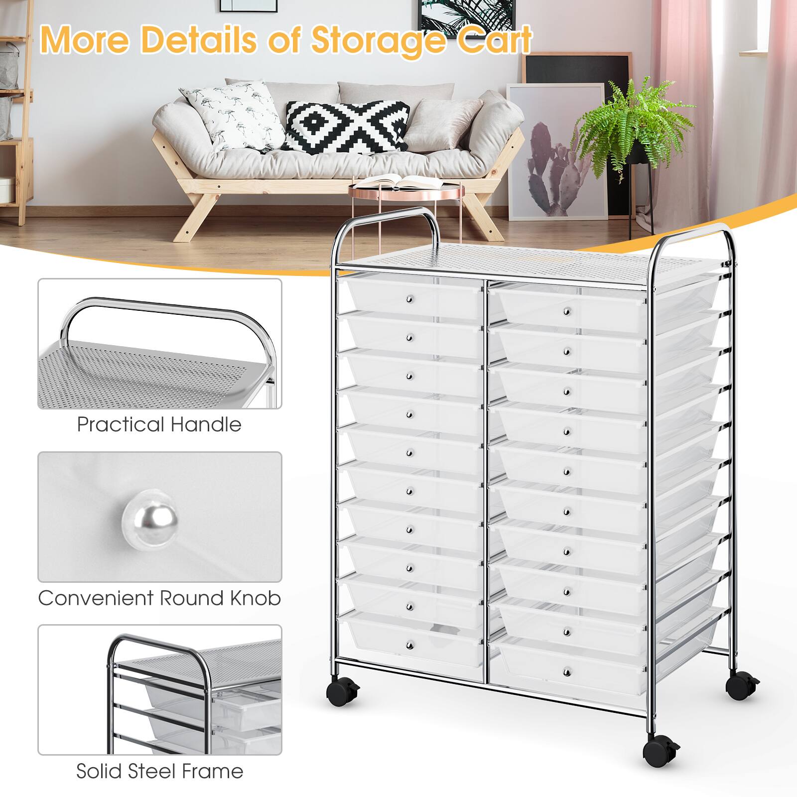 More Details of Storage Cart: Practical Handle, Convenient Round Knob, Solid Steel Frame.