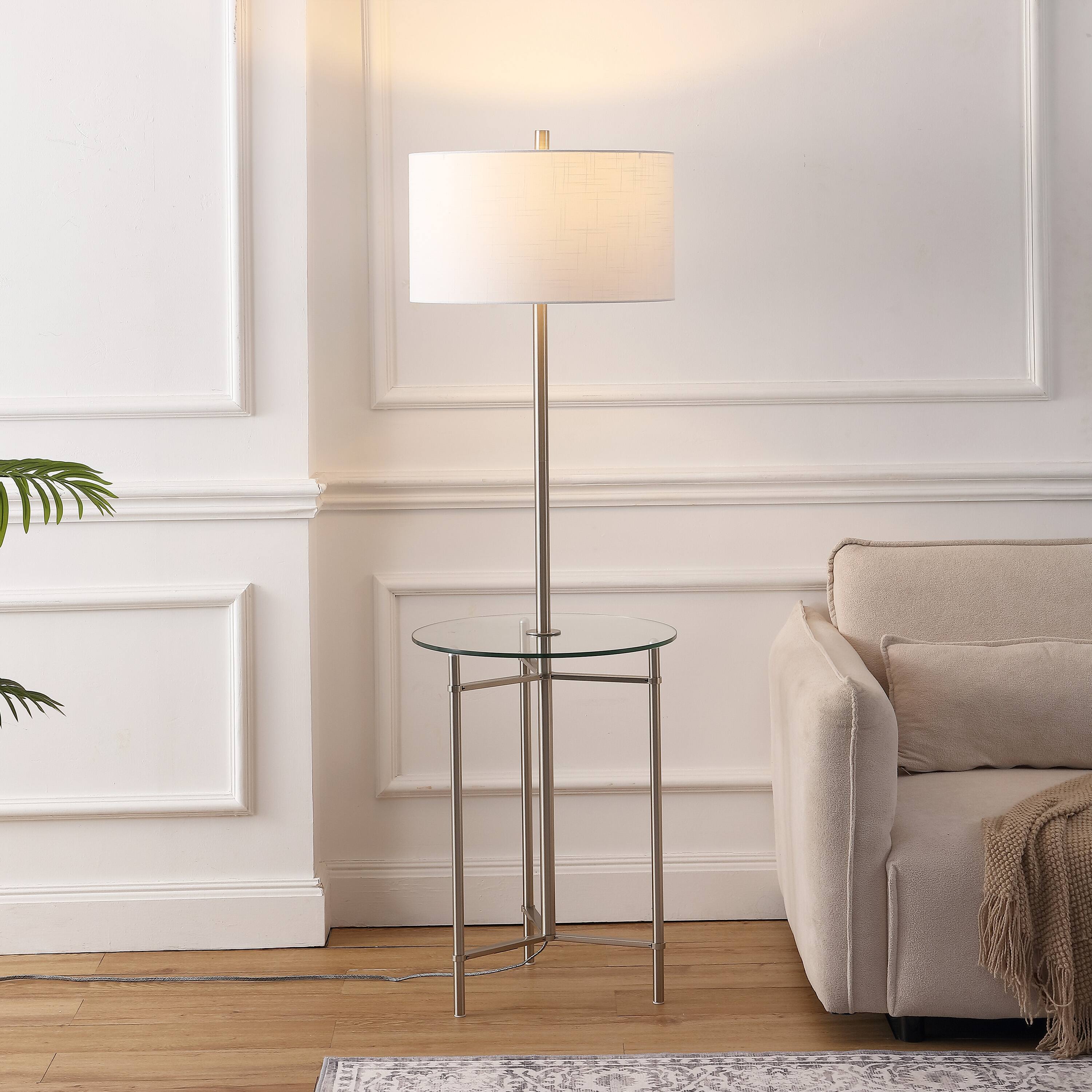 Alt View 1. Jonathan Y - Chuck 59" Modern Minimalist Metal and Tempered Glass LED 2-in-1 Space-Saving Tray Table and Floor Lamp, Brushed Nickel - Brushed Nickel.