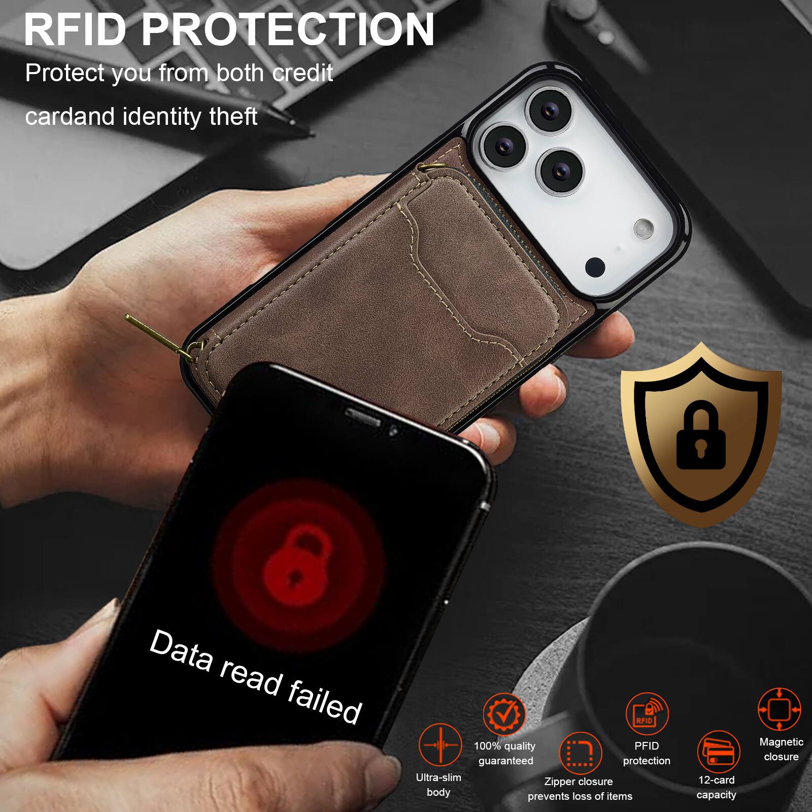 RFID PROTECTION  
Protect you from both credit card and identity theft  

Data read failed  

100% quality guaranteed protection  
Ultra-slim closure  
Zipper body prevents loss of items  
Magnetic closure  
12-card capacity  

RFID PROTECTION  
Protect you from both credit card and identity theft