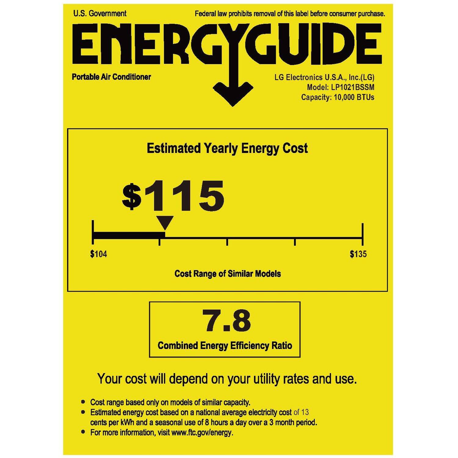 U.S. Government  
Federal law prohibits removal of this label before consumer purchase.

**ENERGYGUIDE**  
Portable Air Conditioner

LG Electronics U.S.A., Inc. (LG)  
Model: LP1021BSSM  
Capacity: 10,000 BTUs

**Estimated Yearly Energy Cost**  
$115  
Cost Range of Similar Models  
$104 $135

**7.8**  
Combined Energy Efficiency Ratio

Your cost will depend on your utility rates and use.

- Cost range based only on models of similar capacity.
- Estimated energy cost based on a national average electricity cost of 13 cents per kWh and a seasonal use of 8 hours a day over a 3 month period.
- For more information, visit www.ftc.gov/energy.