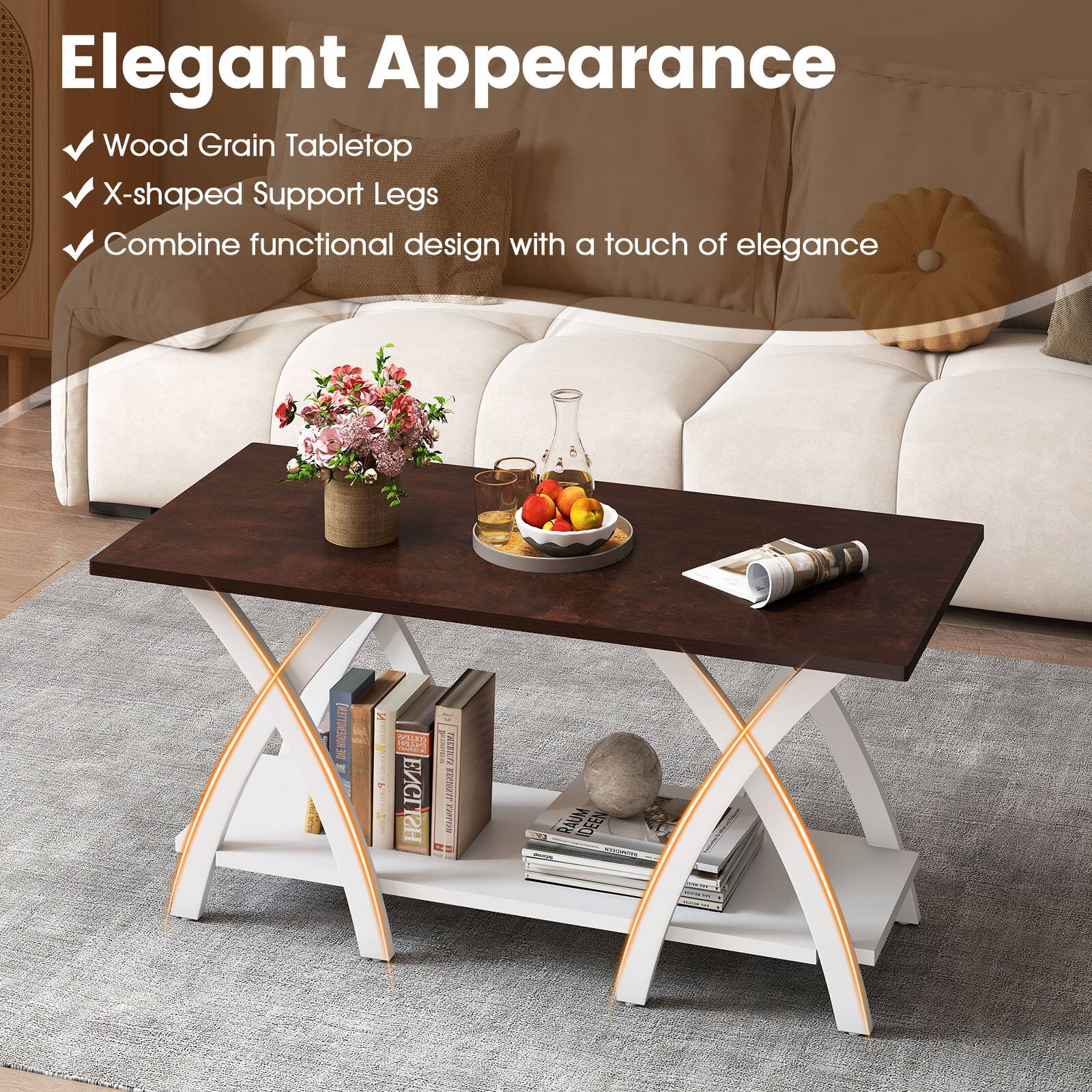 Elegant Appearance

- Wood Grain Tabletop
- X-shaped Support Legs
- Combine functional design with a touch of elegance