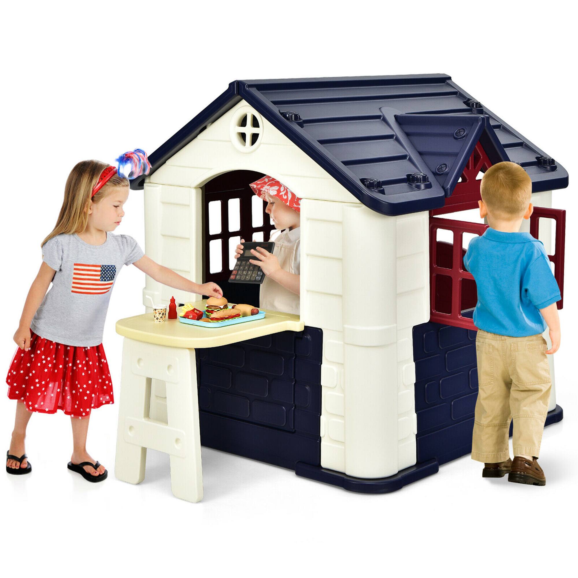 Front. Gymax - Gymax Kid's Playhouse Games Cottage w/ 7 PCS Toy Set & Waterproof Cover Blue - Blue.