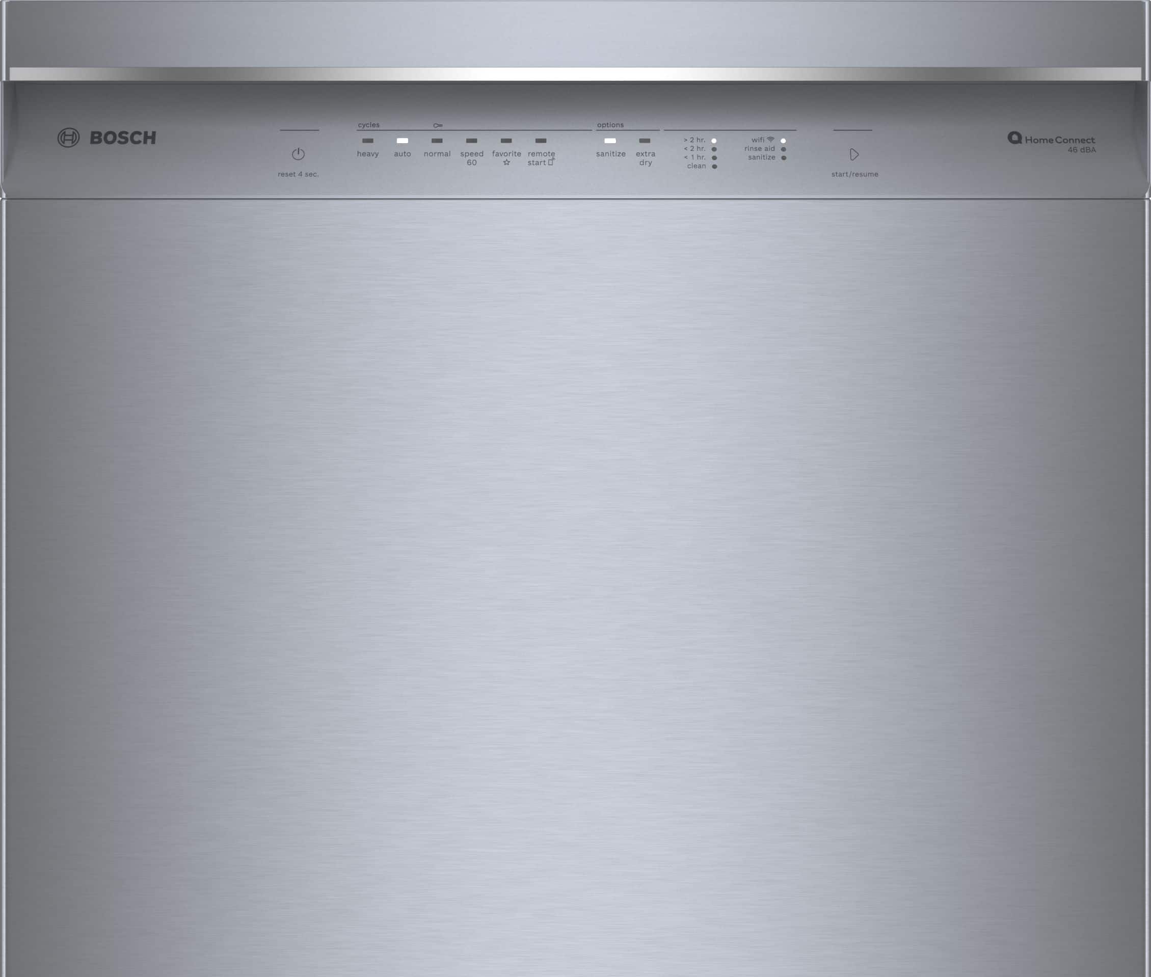 BOSCH is a brand of household appliances, such as ovens and dishwashers. The image shows a stainless steel oven with a silver finish, which is a popular choice for many homeowners due to its sleek and modern appearance. The oven has a built-in heater and a sanitize function, which helps to keep the appliance clean and hygienic. Additionally, the oven is compatible with the Home Connect system, which allows users to control and monitor their appliances remotely through a smartphone or tablet.