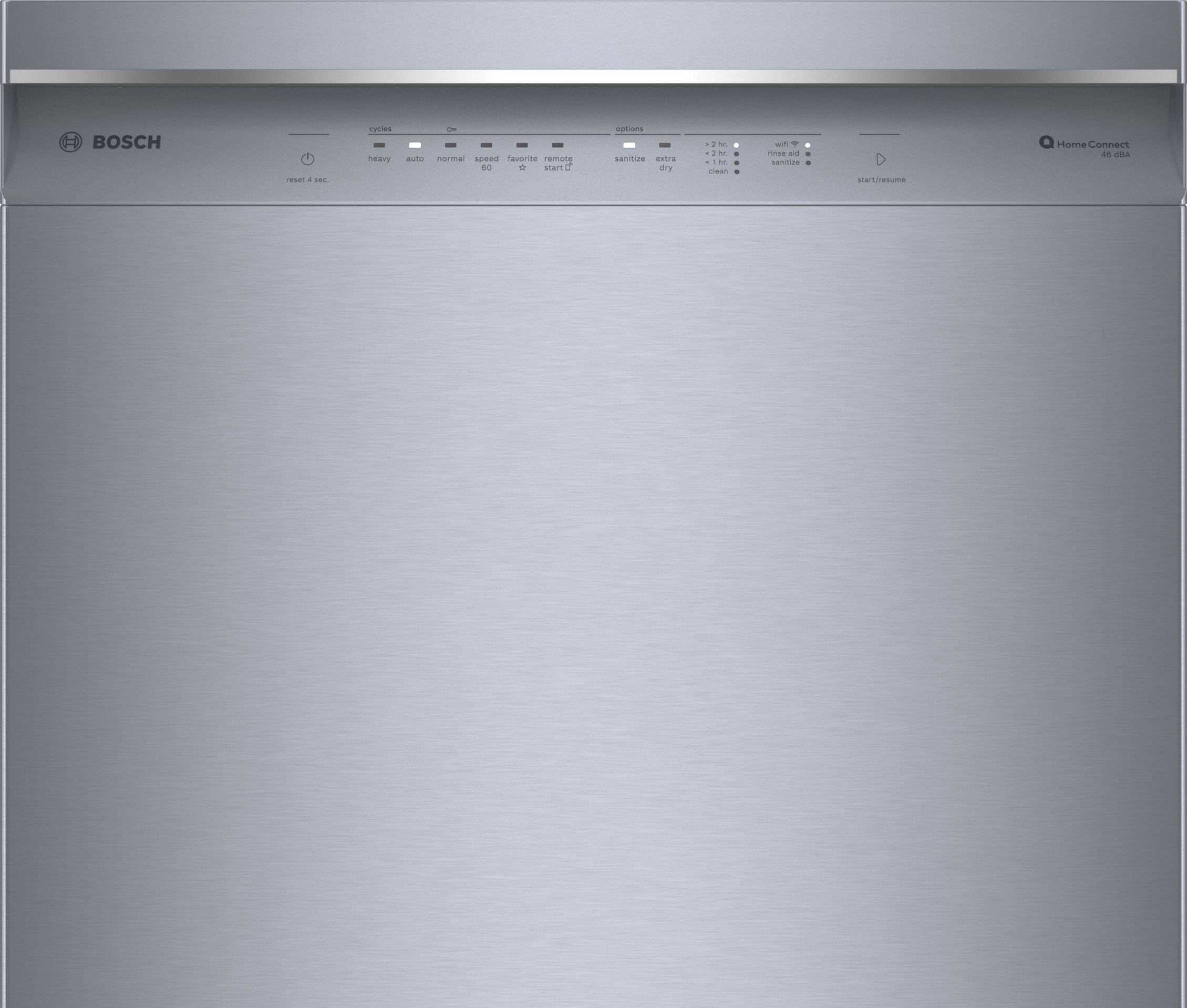 BOSCH is a brand of household appliances, such as ovens and dishwashers. The image shows a stainless steel oven with a silver finish, which is a popular choice for many homeowners due to its sleek and modern appearance. The oven has a built-in heater and a sanitize function, which helps to keep the appliance clean and hygienic. Additionally, the oven is compatible with the Home Connect system, which allows users to control and monitor their appliances remotely through a smartphone or tablet.