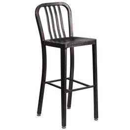 Emma + Oliver - Commercial Grade 30"H Colorful Metal Indoor-Outdoor Vertical Slat Back Barstool - Black-Antique Gold