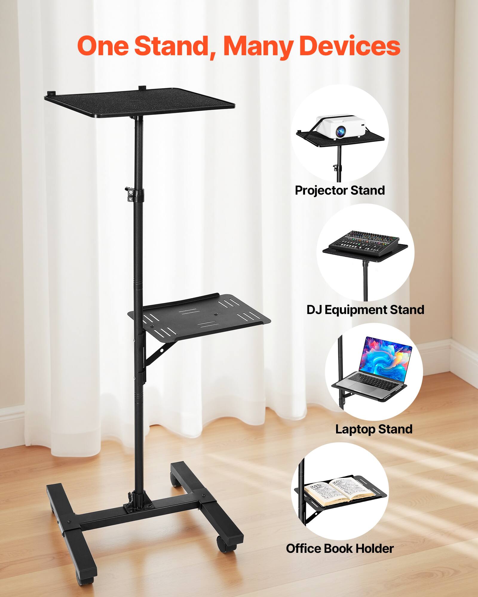 One Stand, Many Devices

- Projector Stand
- DJ Equipment Stand
- Laptop Stand
- Office Book Holder