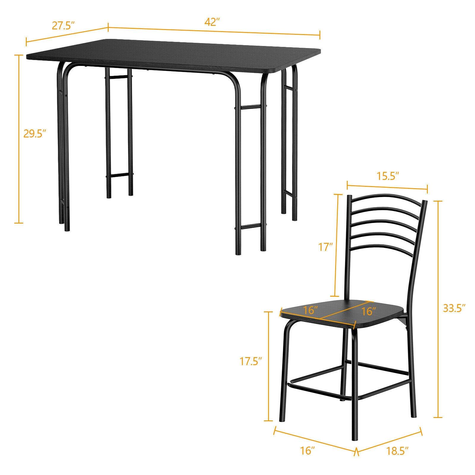 Table: 27.5", 42", 29.5"

Chair: 15.5", 17", 16", 16", 33.5", 17.5", 16", 18.5"