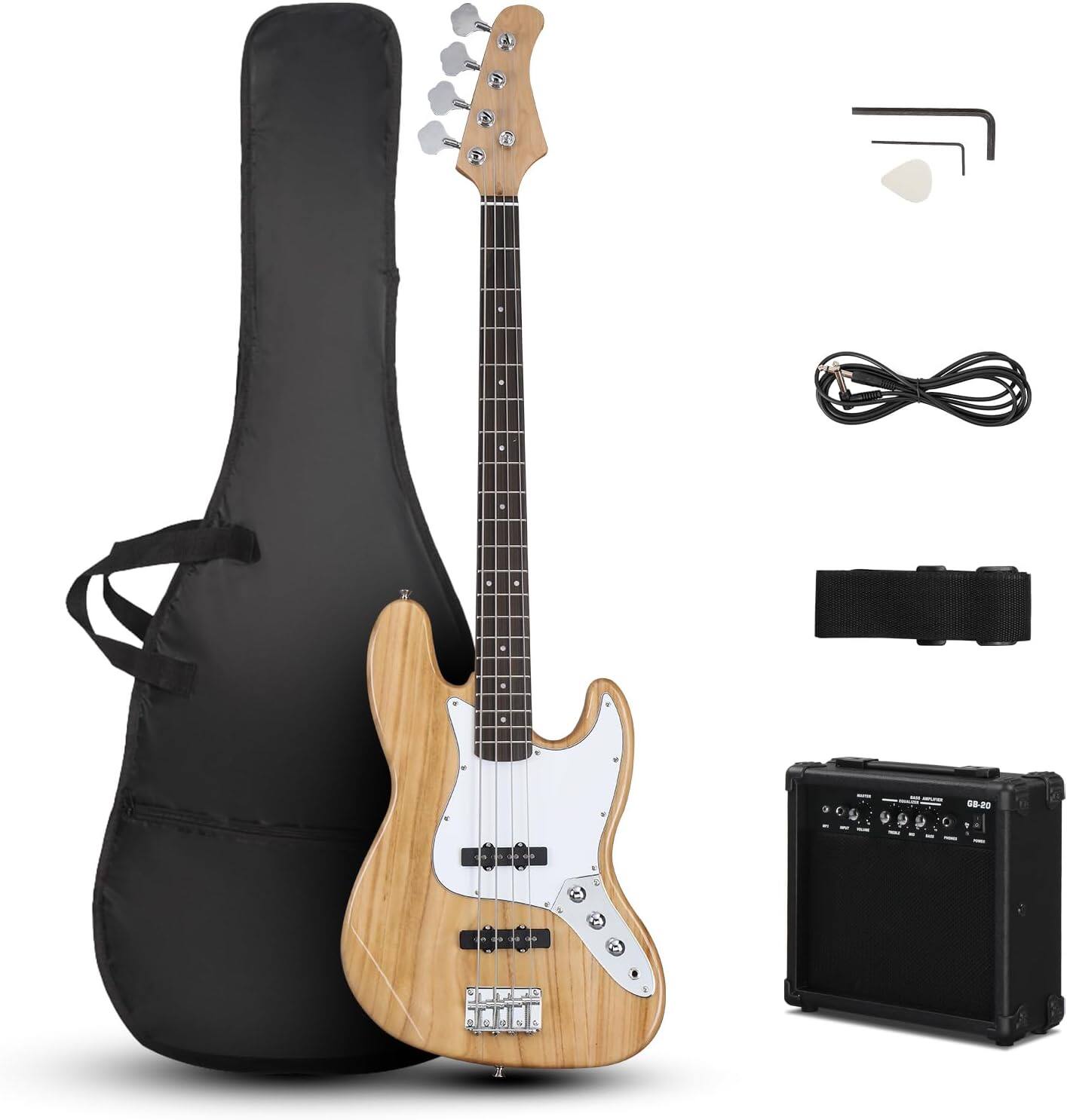 Front. Winado - 4 String Electric Bass Guitar, Beginner Electric Bass Guitars Kit with Gig Bag, Shoulder Strap & Cable, Accessories.