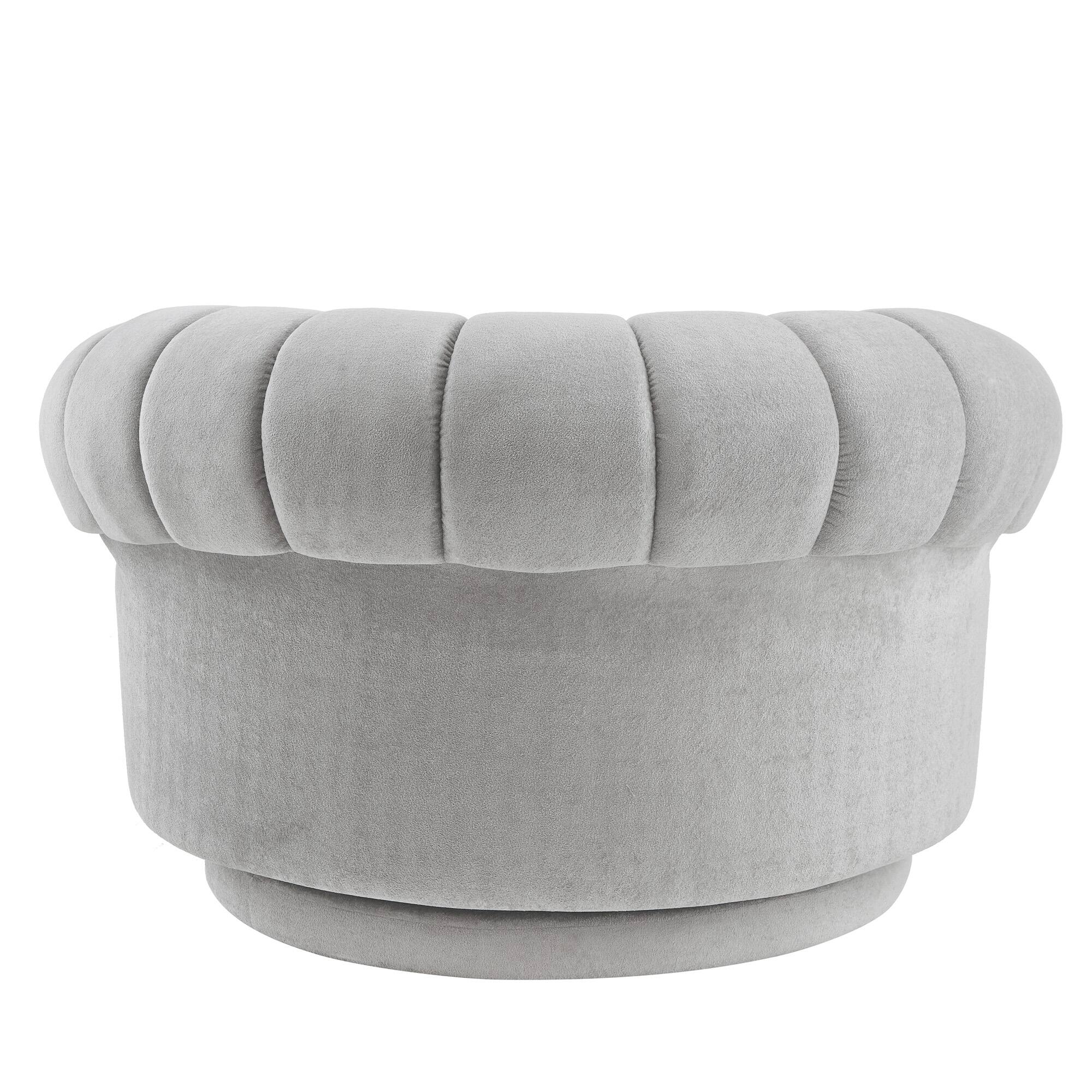 Left. Whisen - 45.9" Oversized Round Swivel Sofa Accent Chair with Tufted Back and Chenille Upholstery - Gray.