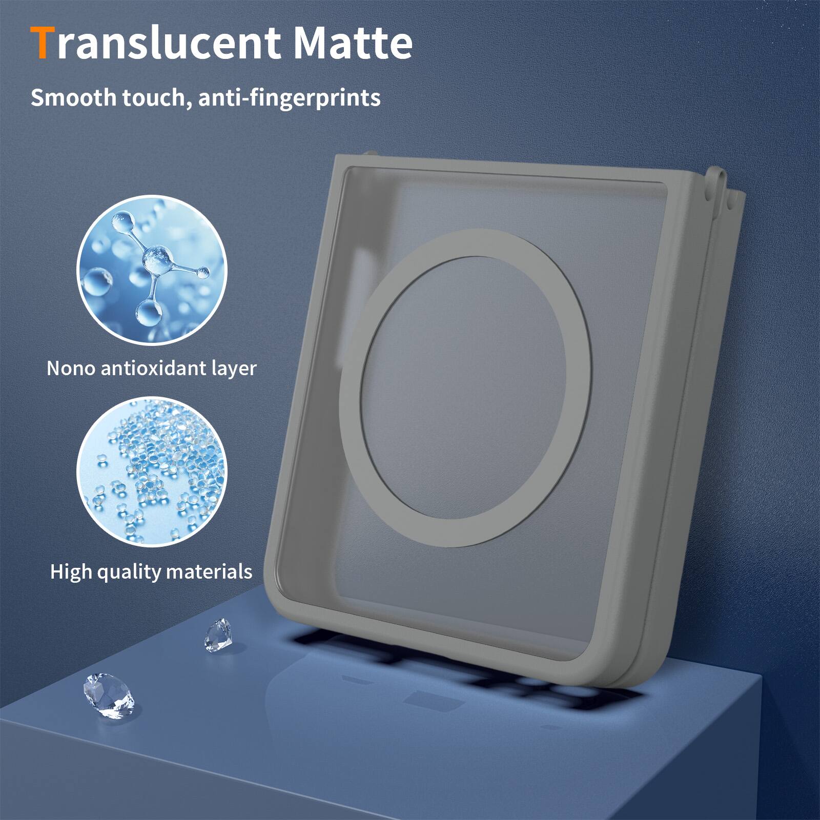 Translucent Matte  
Smooth touch, anti-fingerprints  
Nano antioxidant layer  
High quality materials