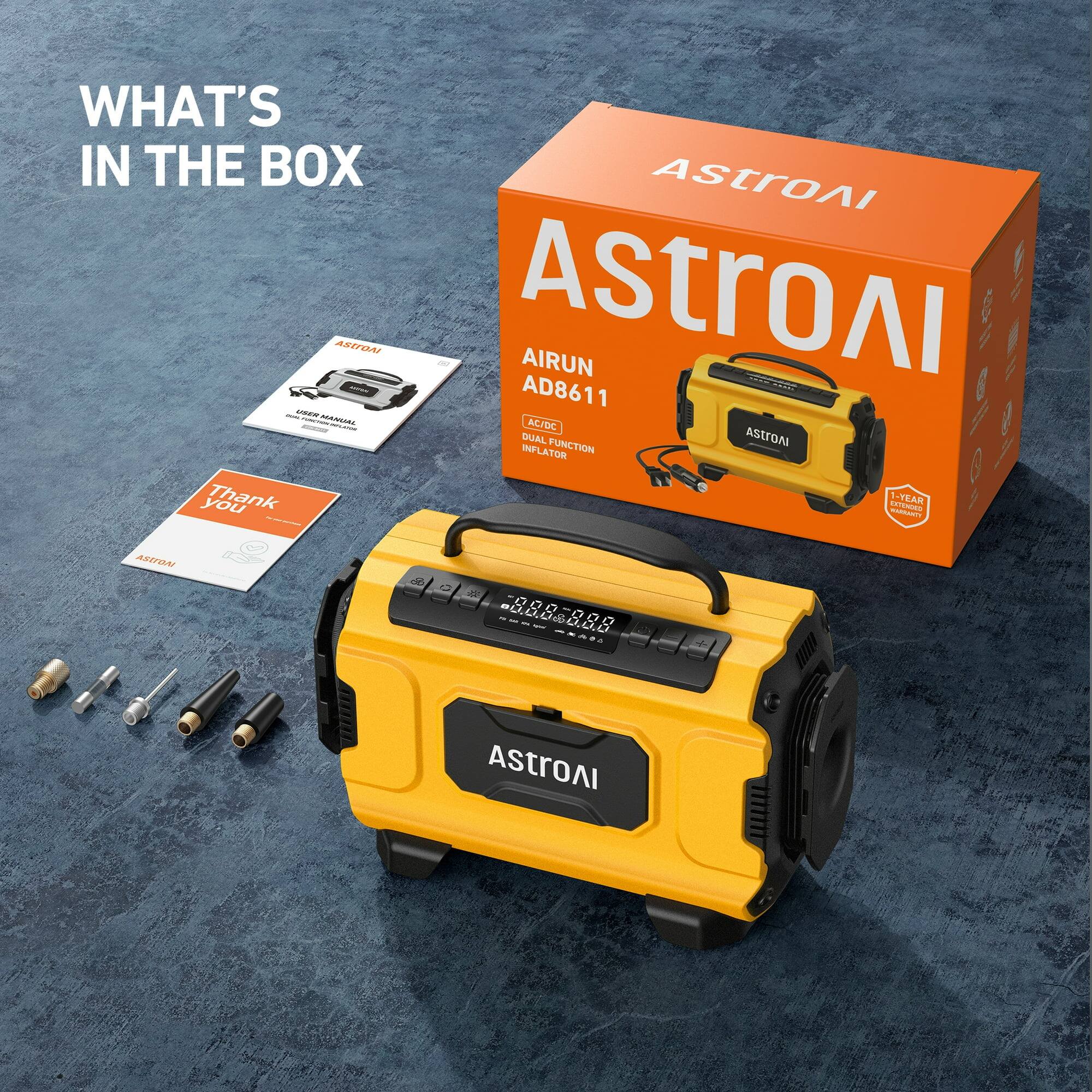 WHAT'S IN THE BOX

ASTROAI AIRUN AD8611
ACIDC DUAL FUNCTION INFLATOR

Thank You

ASTROAI