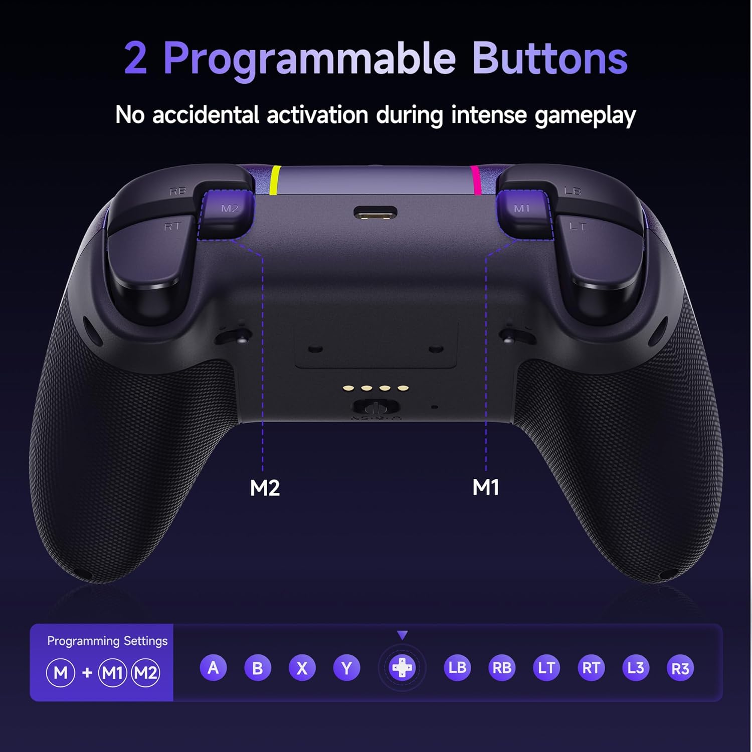 2 Programmable Buttons  
No accidental activation during intense gameplay  

Programming Settings  
M + M1 M2  

A B X Y  
LB RB LT RT L3 R3
