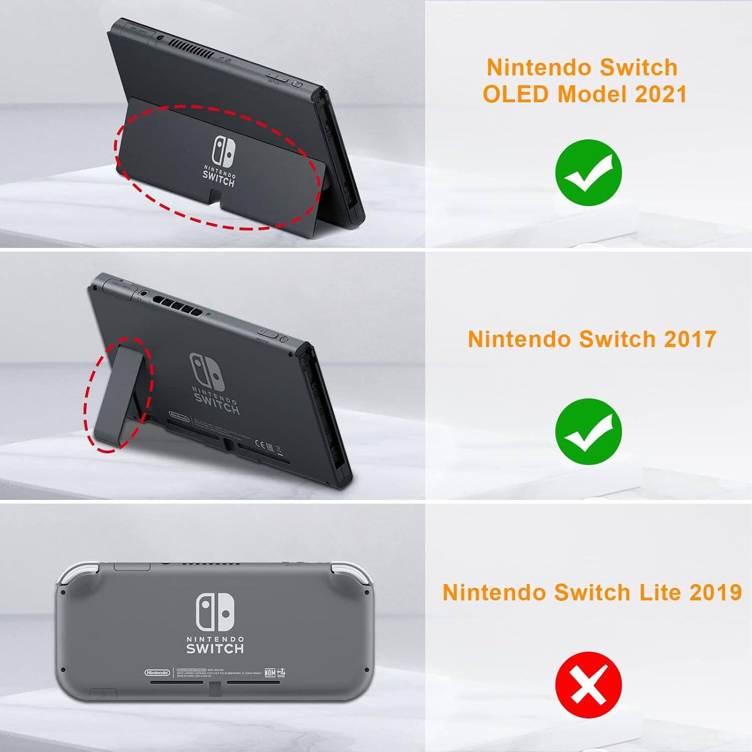 Nintendo Switch OLED Model 2021  
Nintendo Switch 2017  
Nintendo Switch Lite 2019  
Nintendo Switch Schools Croiched