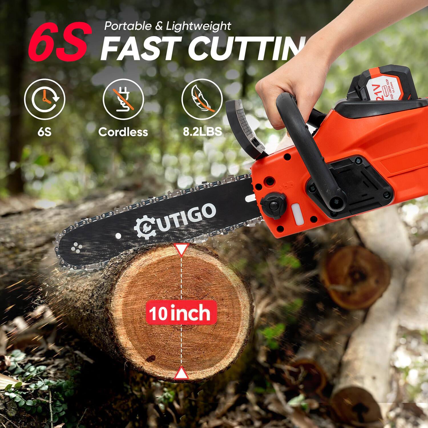 The corrected text is: "Portable & Lightweight 6S FAST CUTTING 21V Cordless 8.2LBS 10 inch."