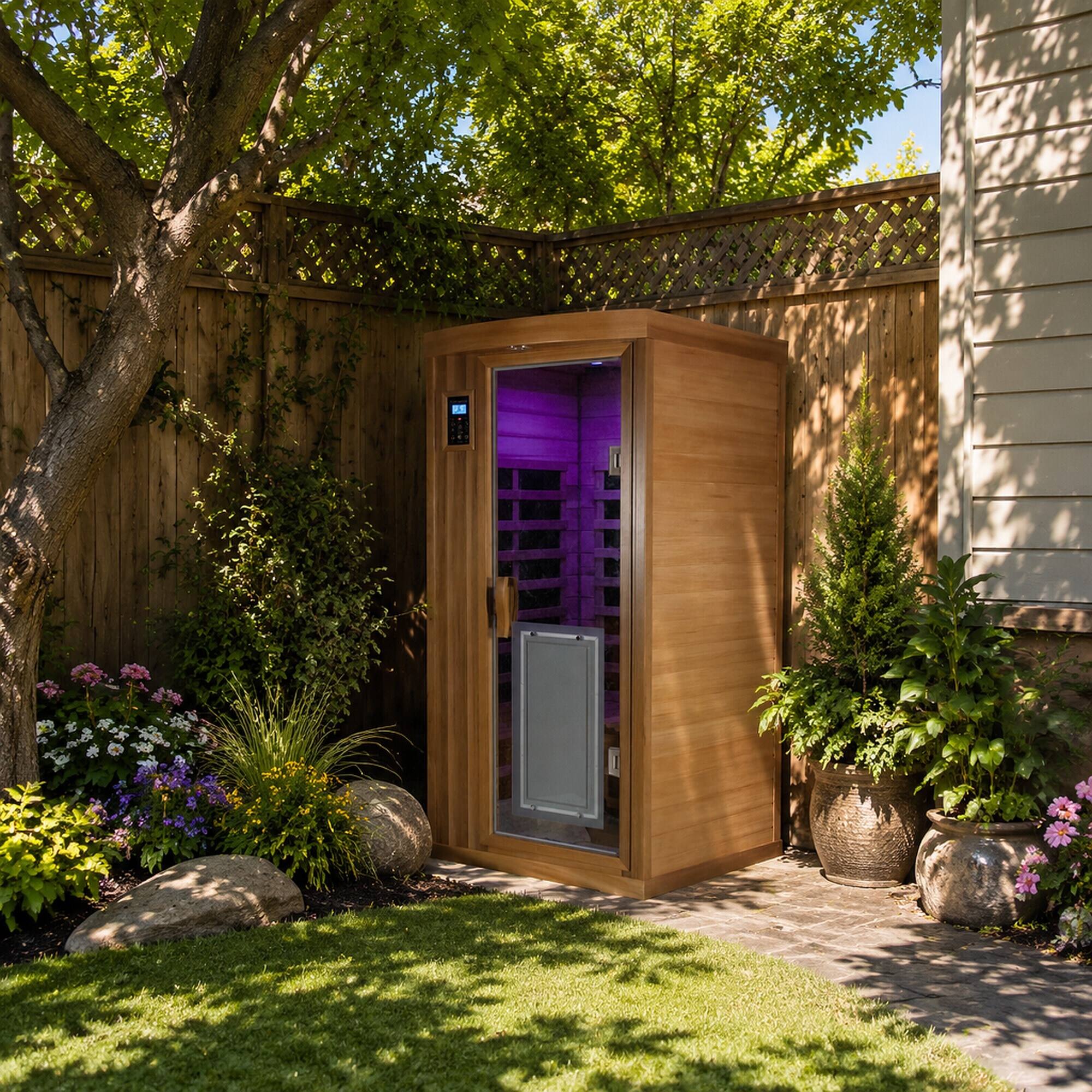 Alt View 2. RYHNUYNE - One Person Far Infrared Sauna, Red Cedar Indoor Room, Low EMF, 8 Heating Panels, 1450W - Bean paste red.