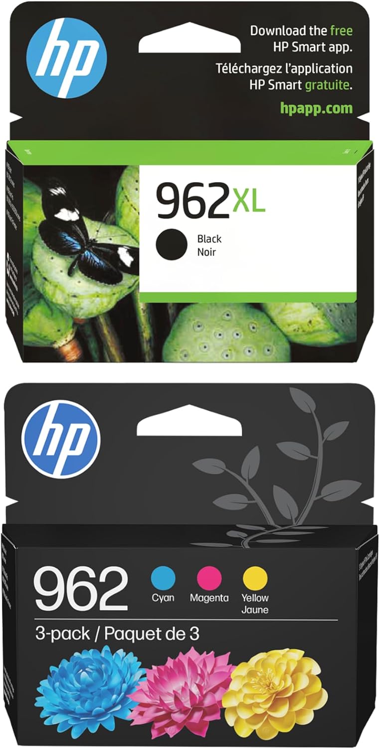 Download the free HP Smart app.  
Téléchargez l'application HP Smart gratuite.  
hpapp.com  

962 XL  
Black Noir  

962  
Cyan Magenta Jaune  
Yellow  
3-pack / Paquet de 3