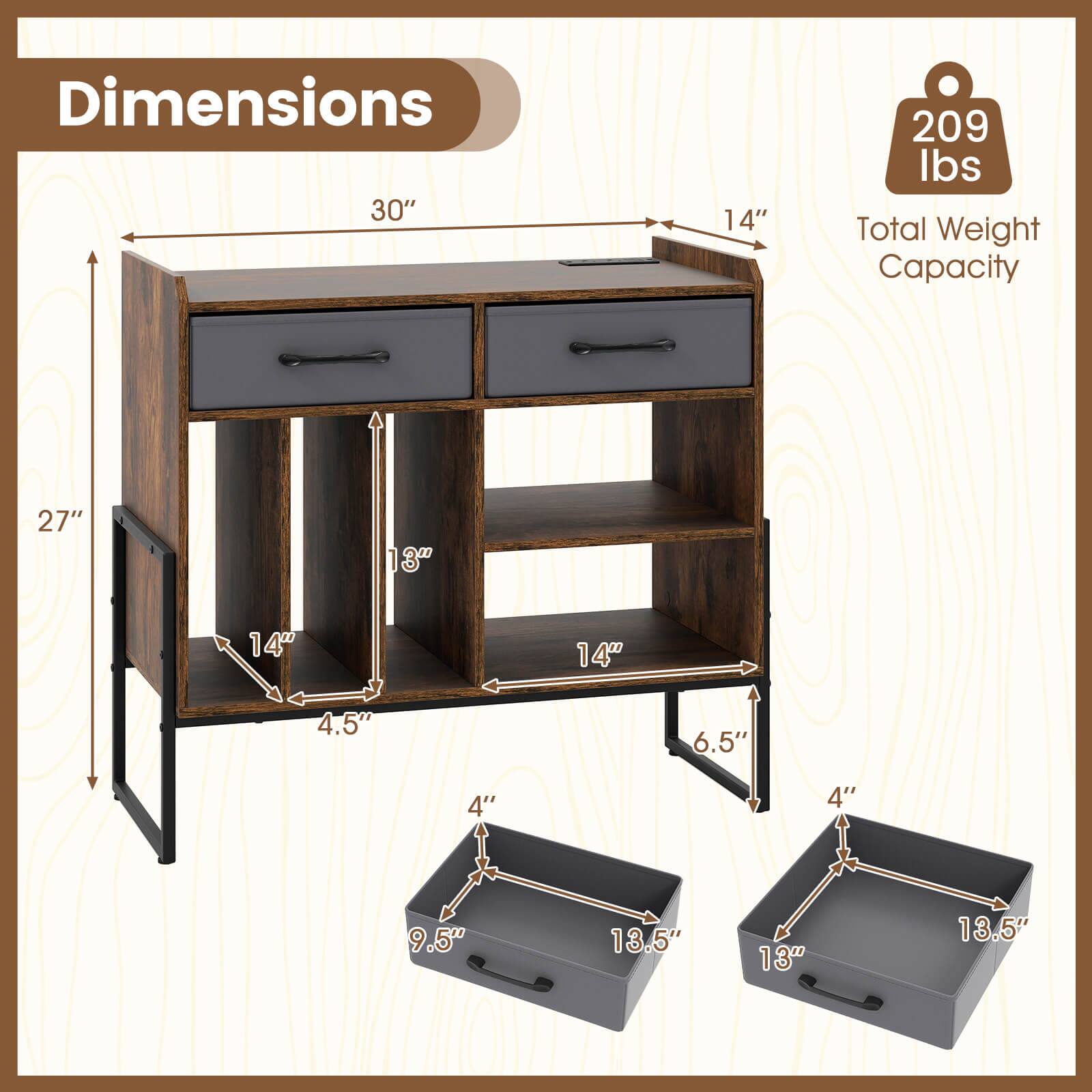 Dimensions:  
- 30" x 14"  
- 27" x 14" x 4.5"  
- 14" x 6.5" x 4"  
- 9.5" x 13.5" x 13"  

Total Weight Capacity: 209 lbs