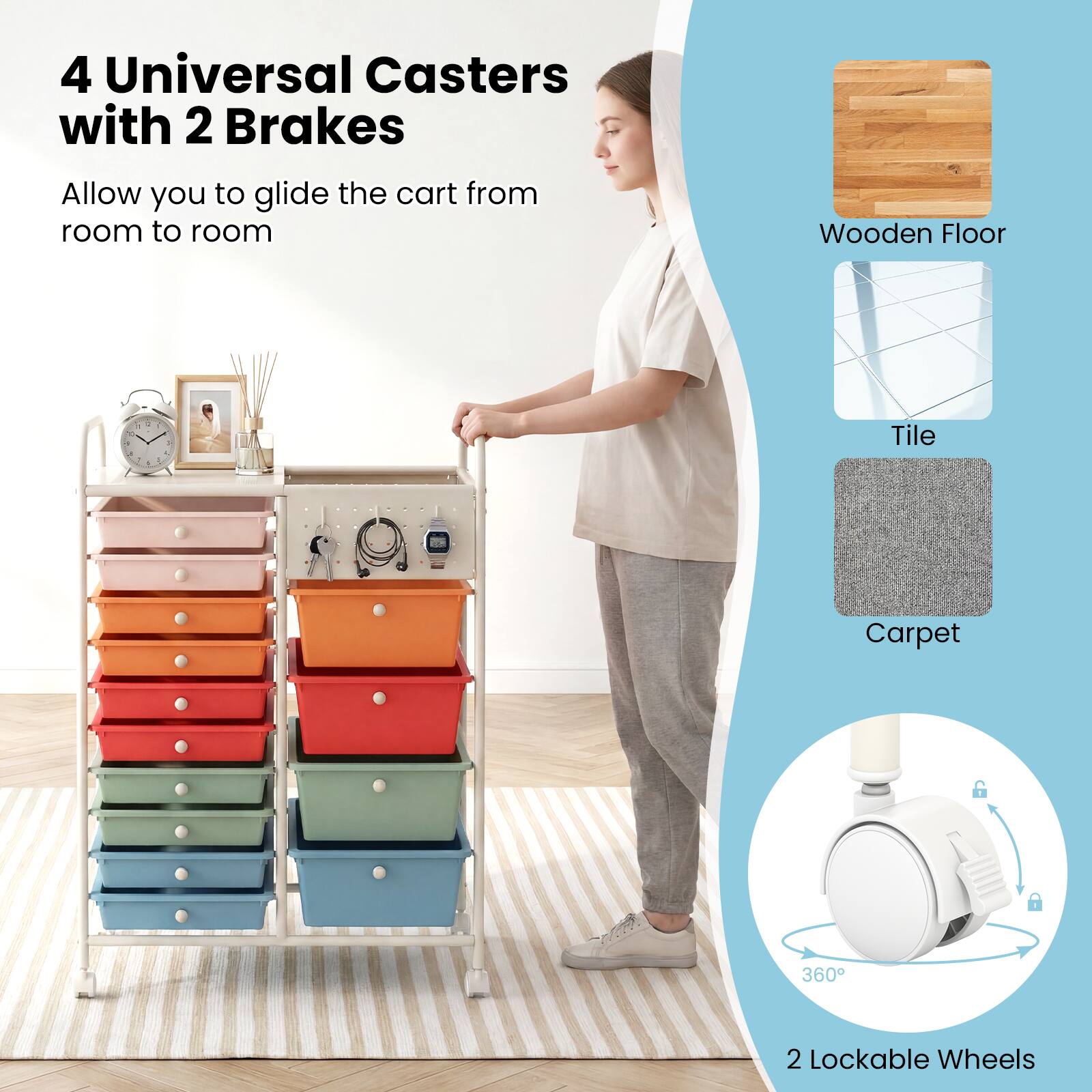 4 Universal Casters with 2 Brakes  
Allow you to glide the cart from room to room  

Wooden Floor  
Tile  
Carpet  

360°  
2 Lockable Wheels