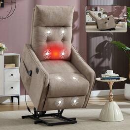 Kadyn - Power Lift Recliner Chair, Single Motor Massage & Heat, USB Port, 155° Recline, Chenille Fabric, khaki - Brown
