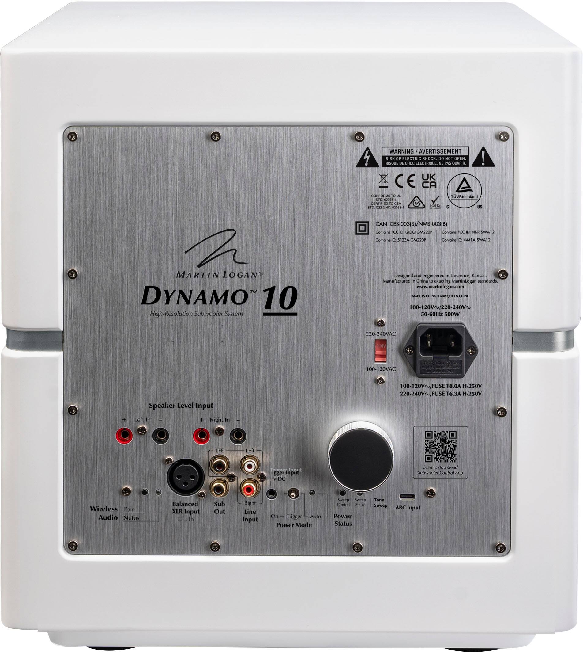 WARNING: Avertissement

HK de - i GA ECRN BALIMAL EROLE - - fl N01 IL LPE ! UK CE CA C d - veinanant - i.E n - . - 3 CAN CES-0038/NM8-0038) C C D  Conens T D TAE INAIa Comn 1  Cadeo  SARIA-SWA1 MARTIN LOGAN DYNAMO 10 High-Resolution Subwoofer System oigned - ongineered in aweree Caroa Manularturs in hasa - CACn Matologan tandanrds [www.martinlogan.com](http://www.martinlogan.com) - 100-120V220-240V~ 100- 10-601 5OUW 2.10-2 KOVAL 110% 120VAC Speaker Level Input 100-1 J0V~JUS8 FR.DA AISTH 220-240V~FUS PUSE 16.3A H/250V Lee Te . Right le LHI Lel or sr input DC a - nowia Sbeocdy Cordrd No Wireless Par Audio aus Balanced XIR Input L1 le Sub Out sige Line Inpet  Friger N Power Mode Sucey Soee Cd - Power Status San Sweep ANC Input