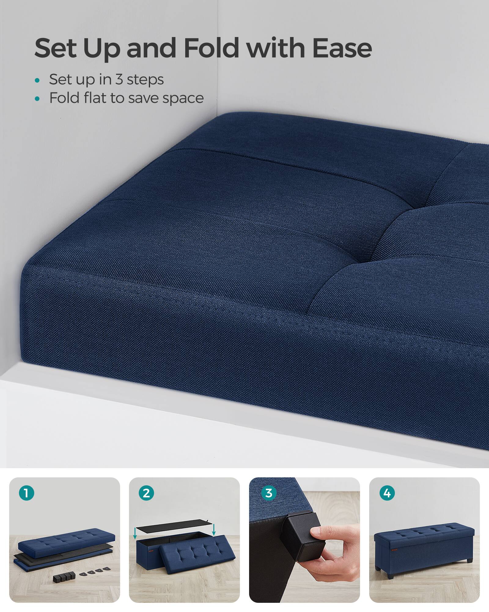 Set Up and Fold with Ease

- Set up in 3 steps
- Fold flat to save space

1. 
2. 
3. 
4.