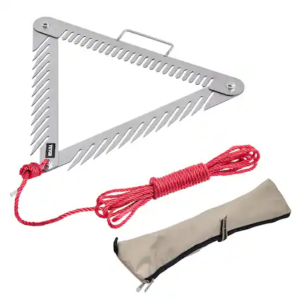 Front. VEVOR - 24in Aquatic Weed Rake, 3-Sided Lake Weed Rake with Handle, Portable and Foldable Pond Water Grass Razor - Silver-white rake + red rope + khaki cloth bag.
