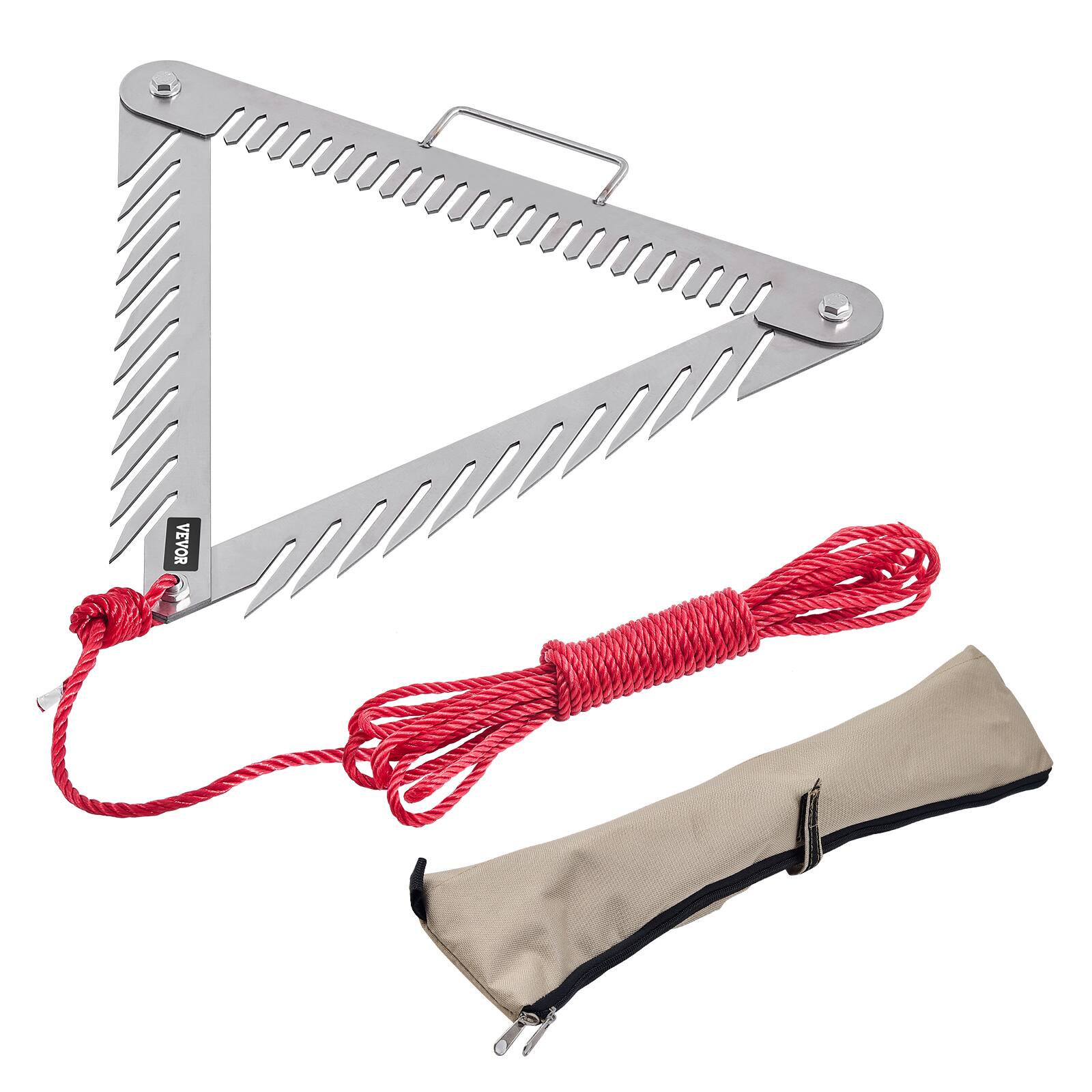 VEVOR - 24in Aquatic Weed Rake, 3-Sided Lake Weed Rake with Handle, Portable and Foldable Pond Water Grass Razor - Silver-white rake + red rope + khaki cloth bag