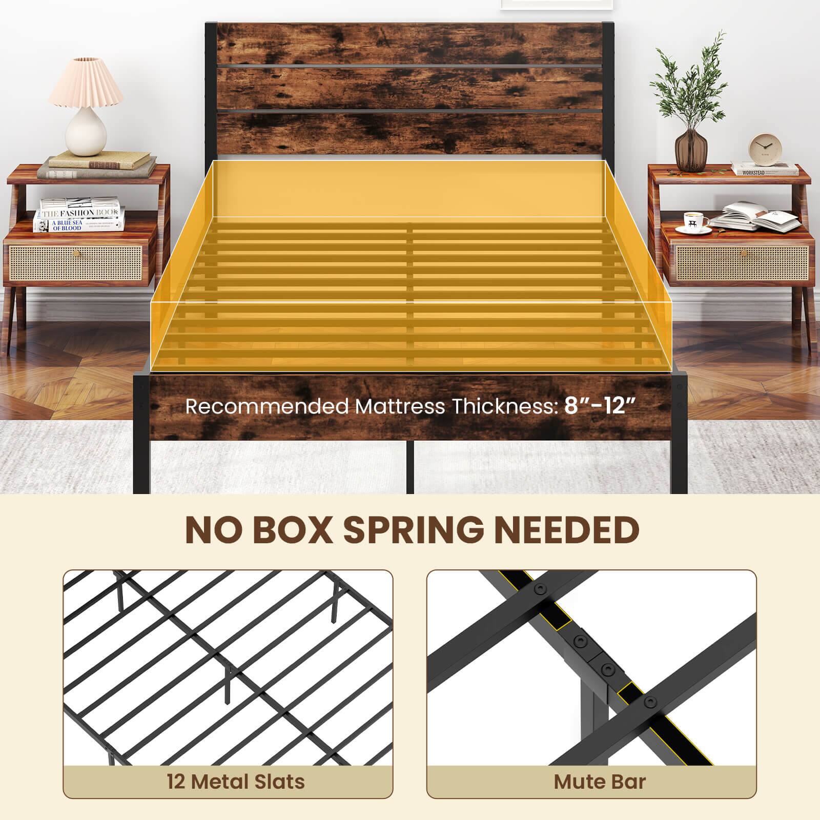 The text on the image reads: "Recommended Mattress Thickness: 8"-12" NO BOX SPRING NEEDED 12 Metal Slats Mute Bar."