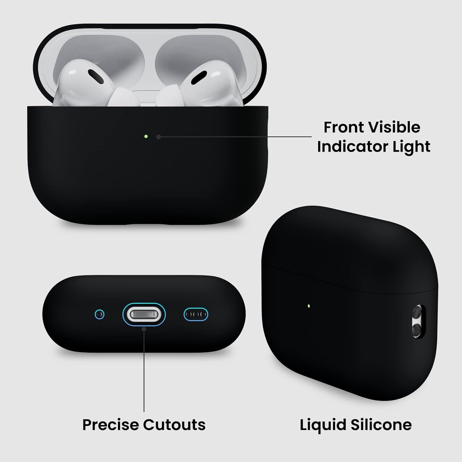 The image shows a close-up of an earbud case with a front visible indicator light. The case has precise cutouts and is made of liquid silicone.