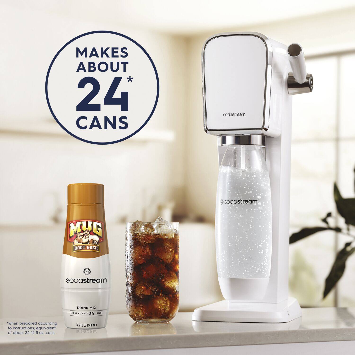 The text on the image reads: "Makes about 24 CANS sodastream 9 sodastream MUG ROOT BEER sodastream ORINK MIX Mares AROUND 24 LANE when prepared according to instructions: equivalent of about 24-12 OZ cans."