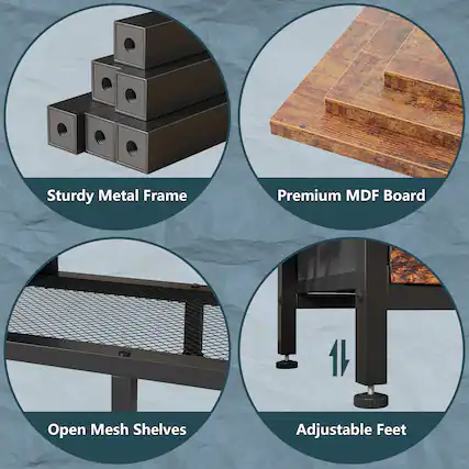 Sturdy Metal Frame
Premium MDF Board
Open Mesh Shelves
Adjustable Feet