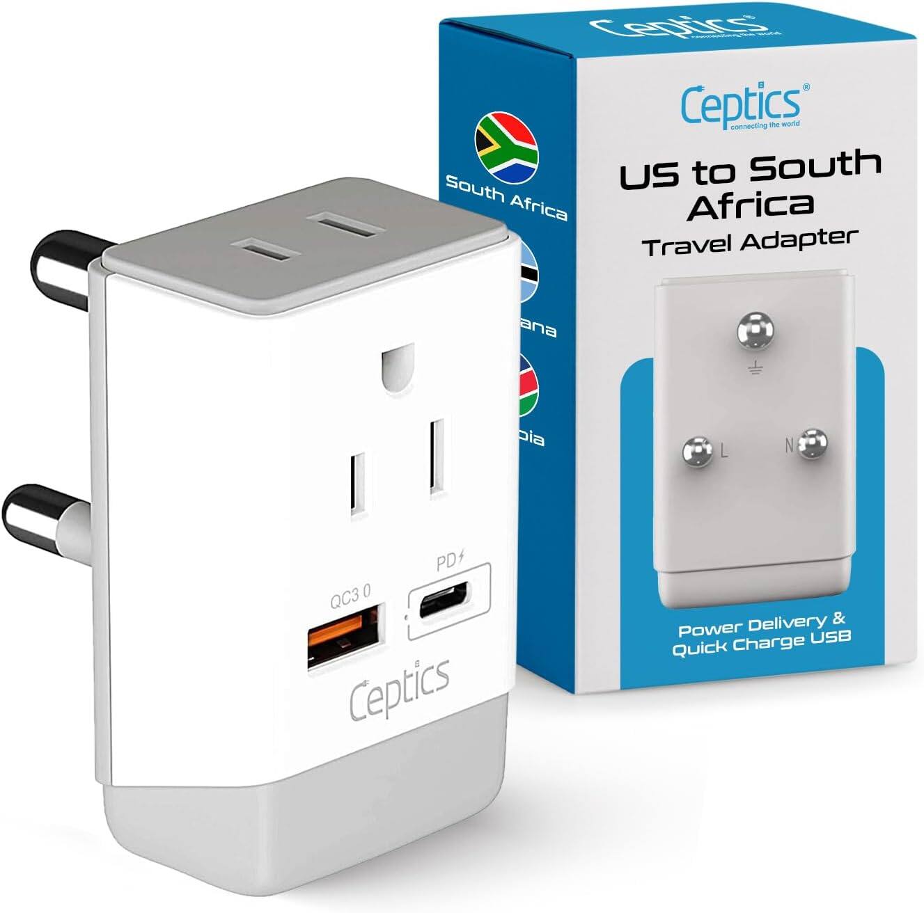 CepTics  
connecting the world  

US to South Africa Travel Adapter  

Power Delivery & Quick Charge USB  

QC3.0  
PD