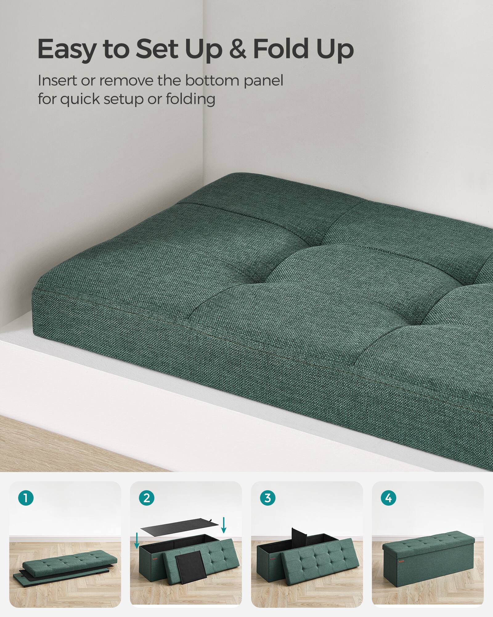 Easy to Set Up & Fold Up

Insert or remove the bottom panel for quick setup or folding

1. [Image of the sofa base]
2. [Image of the sofa with the bottom panel removed]
3. [Image of the sofa with the bottom panel being removed]
4. [Image of the sofa folded up]