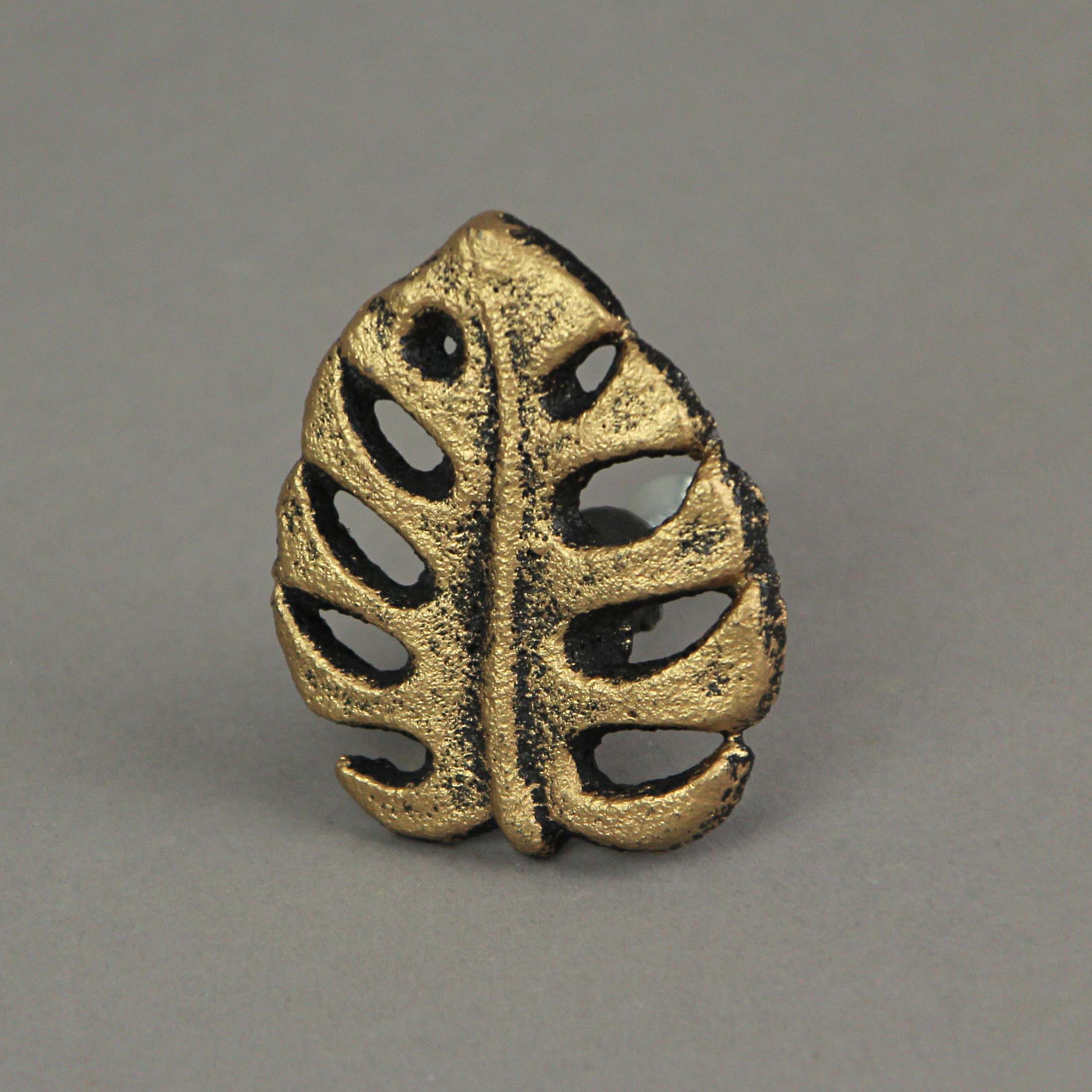 Alt View 3. Zeckos - Set of 6 Gold Cast Iron Monstera Leaf Drawer Pulls Decorative Cabinet Knobs - Gold.