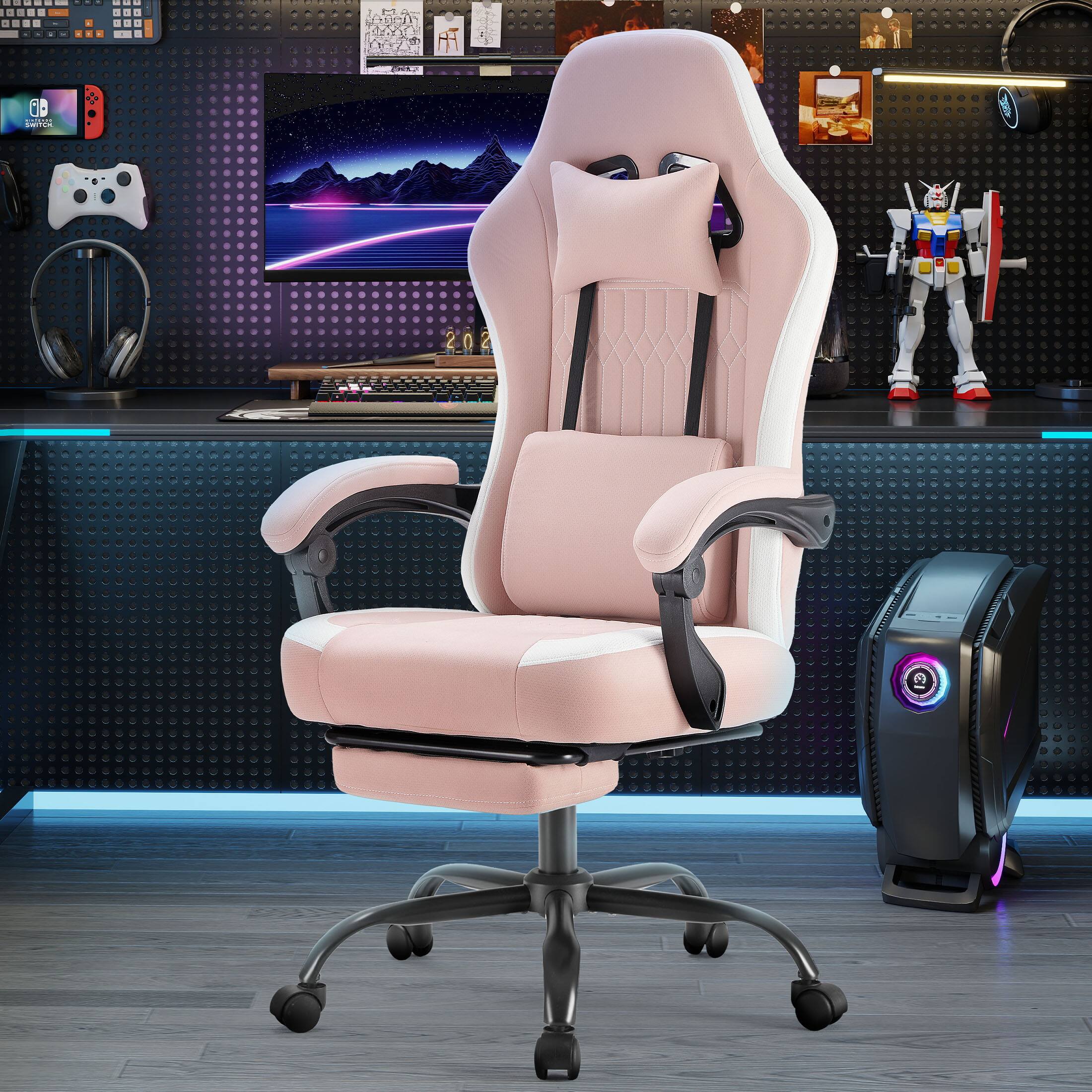 PexFix - Ergonomic Gaming Chair with Pocket Springs, Breathable Fabric, 135° Recline & Sliding Lumbar for Office & Gaming - Pink