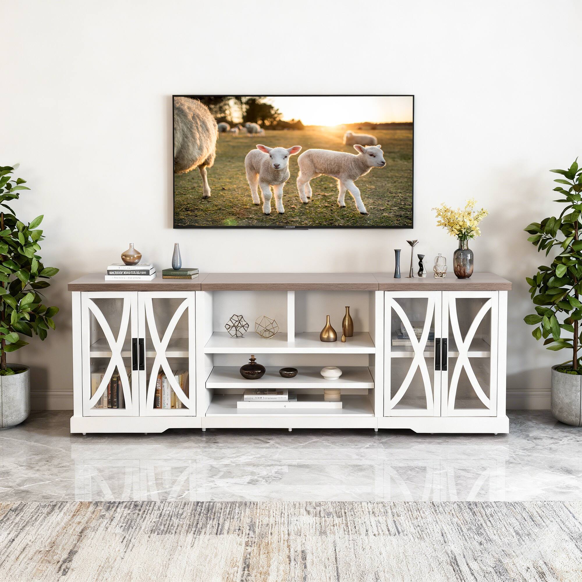 Left. Ihomeadore - 93" Farmhouse White TV Stand Media Storage Cabinet with Open Storage Shelves and Cabinets for TV up to 85" - White.
