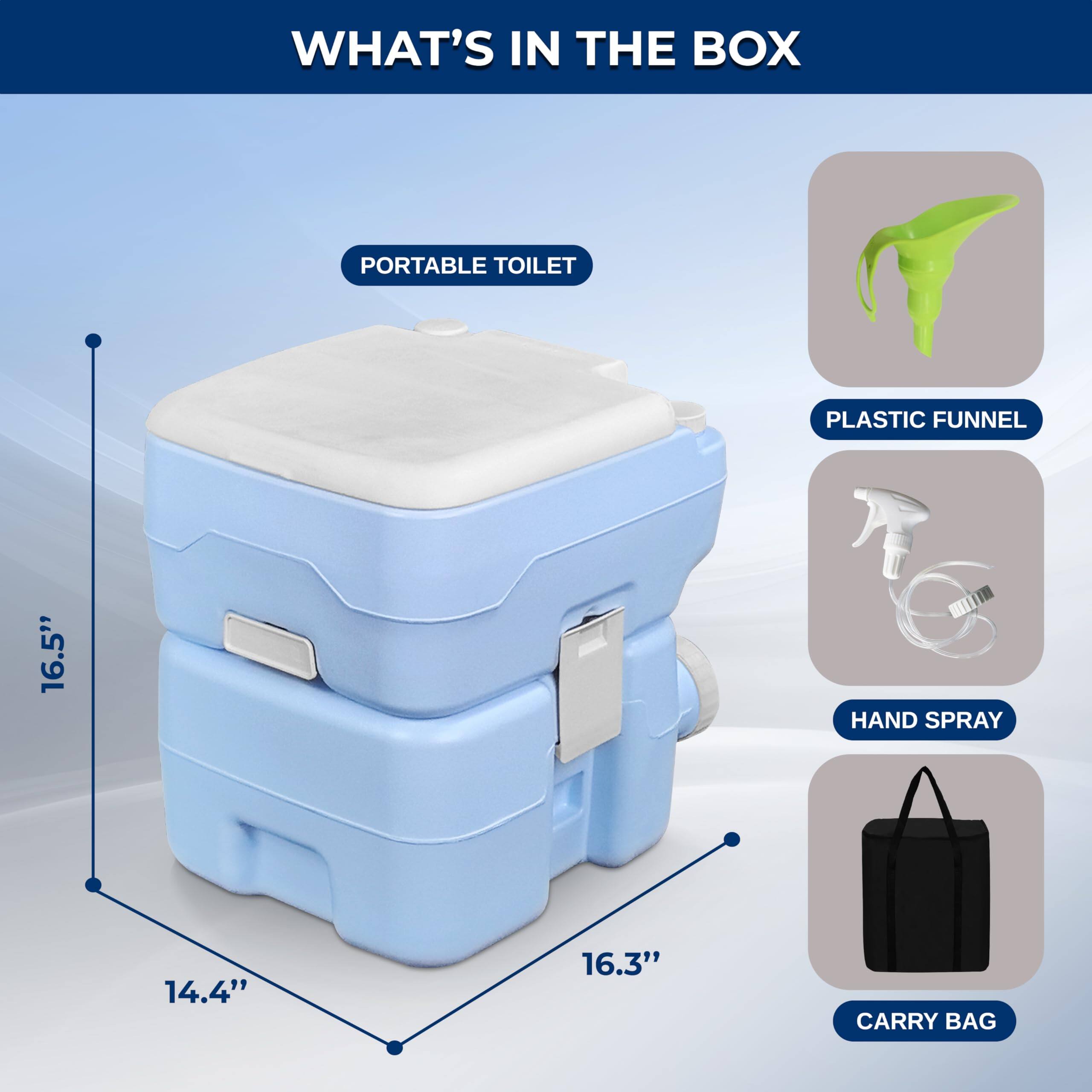 WHAT'S IN THE BOX  
- PORTABLE TOILET  
- PLASTIC FUNNEL  
- HAND SPRAY  
- CARRY BAG  

Dimensions:  
- 16.5"  
- 14.4"  
- 16.3"