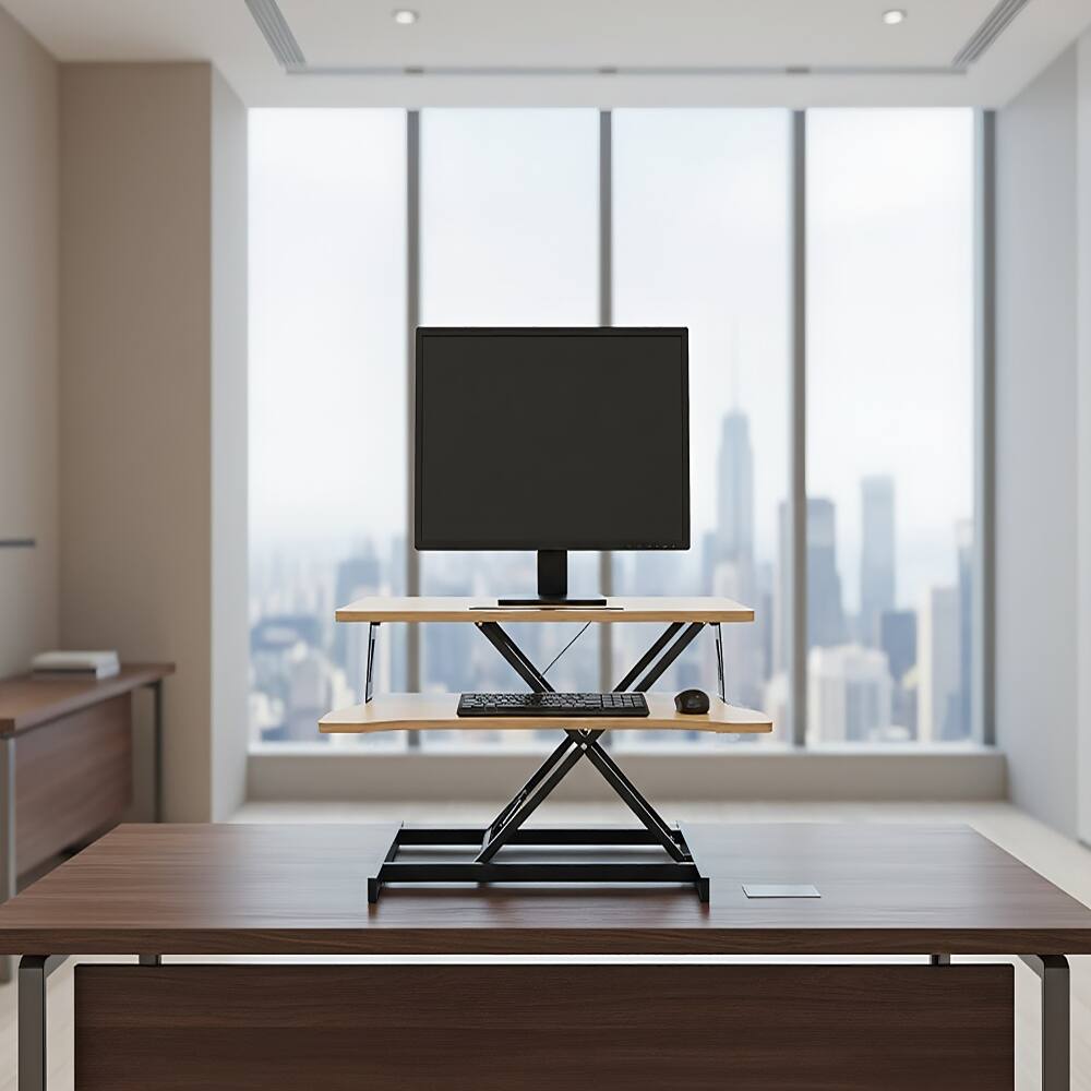 Alt View 7. Loheer - 32 Inch Desk Converter Height Adjustable Sit to Stand Riser Dual Monitor Workstation Wide Keyboard Tray Natural Color - Natural.