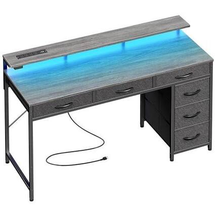 Front. Hirose Alice - Gaming Desk With 6 Drawers Computer Led Lights Power Outlets And Type-c Office Storage Monitor Stand Writing - Grey-47 inch.