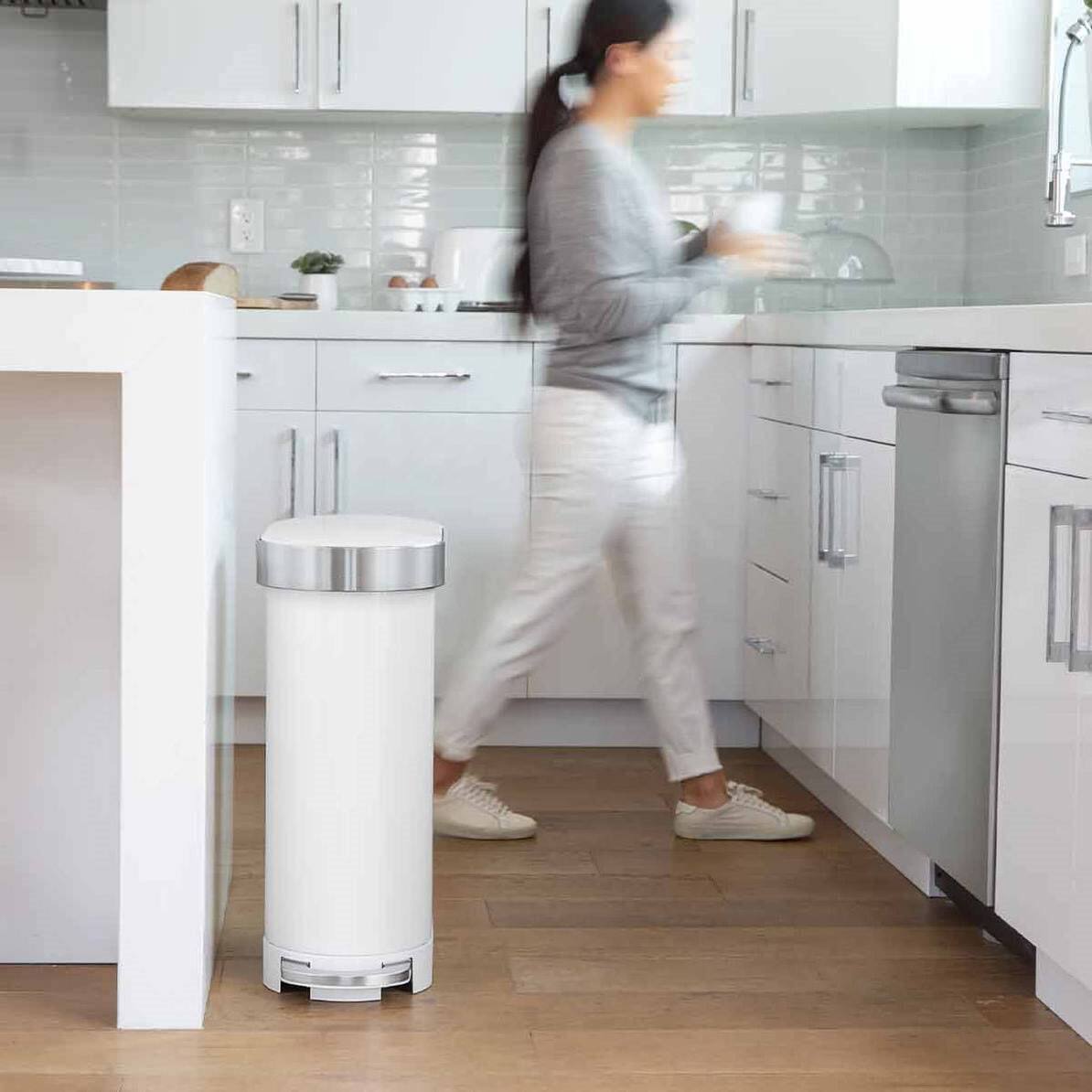 Left. SlickBlue - 12-Gallon Narrow Kitchen Trash Can in Stainless Steel, Easy Step-On Lid - White.