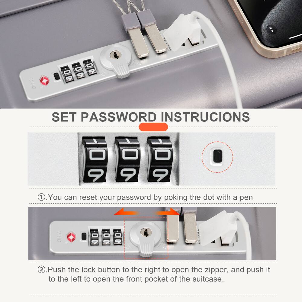 SET PASSWORD INSTRUCTIONS

1. You can reset your password by poking the dot with a pen.

2. Push the lock button to the right to open the zipper, and push it to the left to open the front pocket of the suitcase.