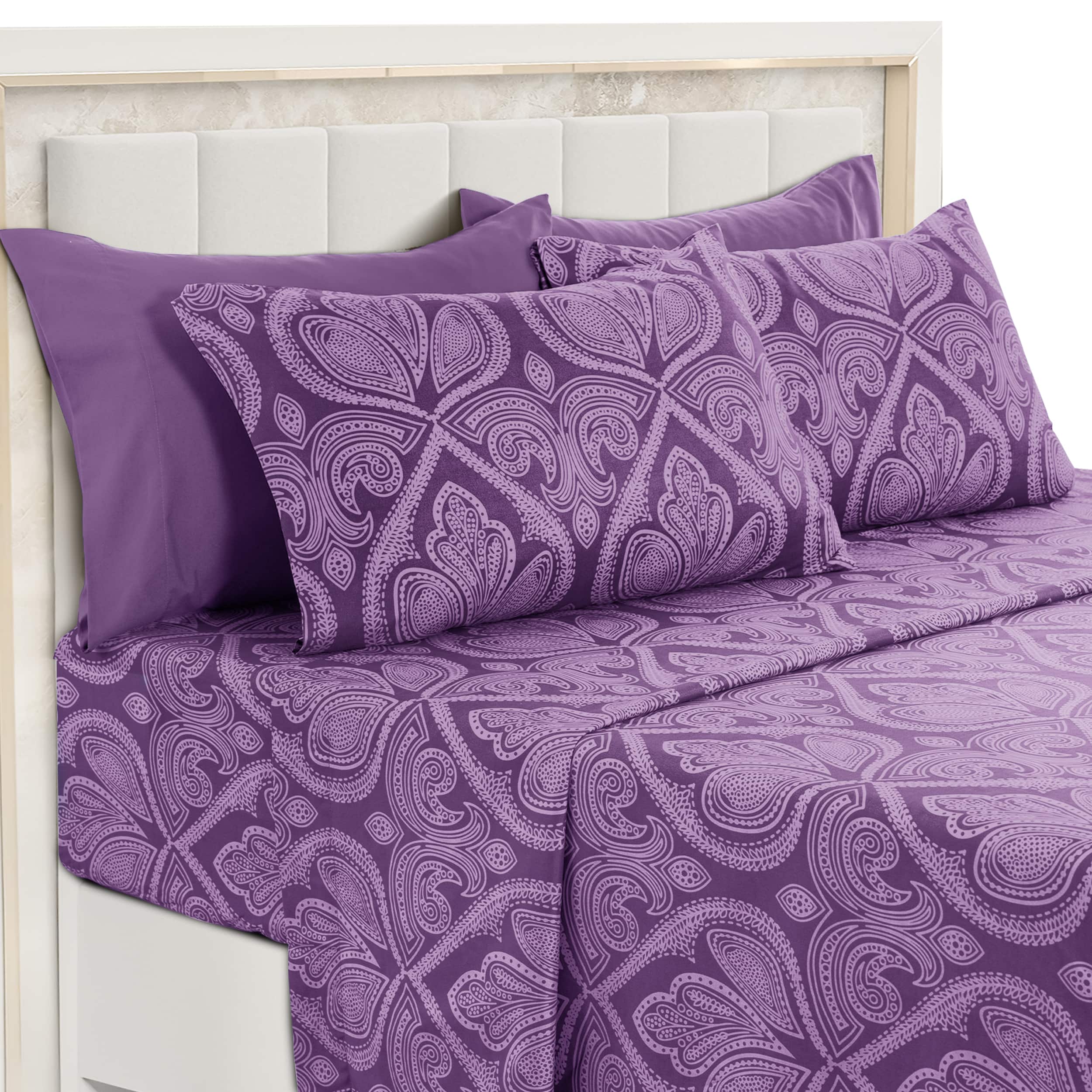 Lux Decor Collection - 6-Piece Queen Sheet Set, Paisley Design Brushed Microfiber Deep Pocket Sheets - Purple