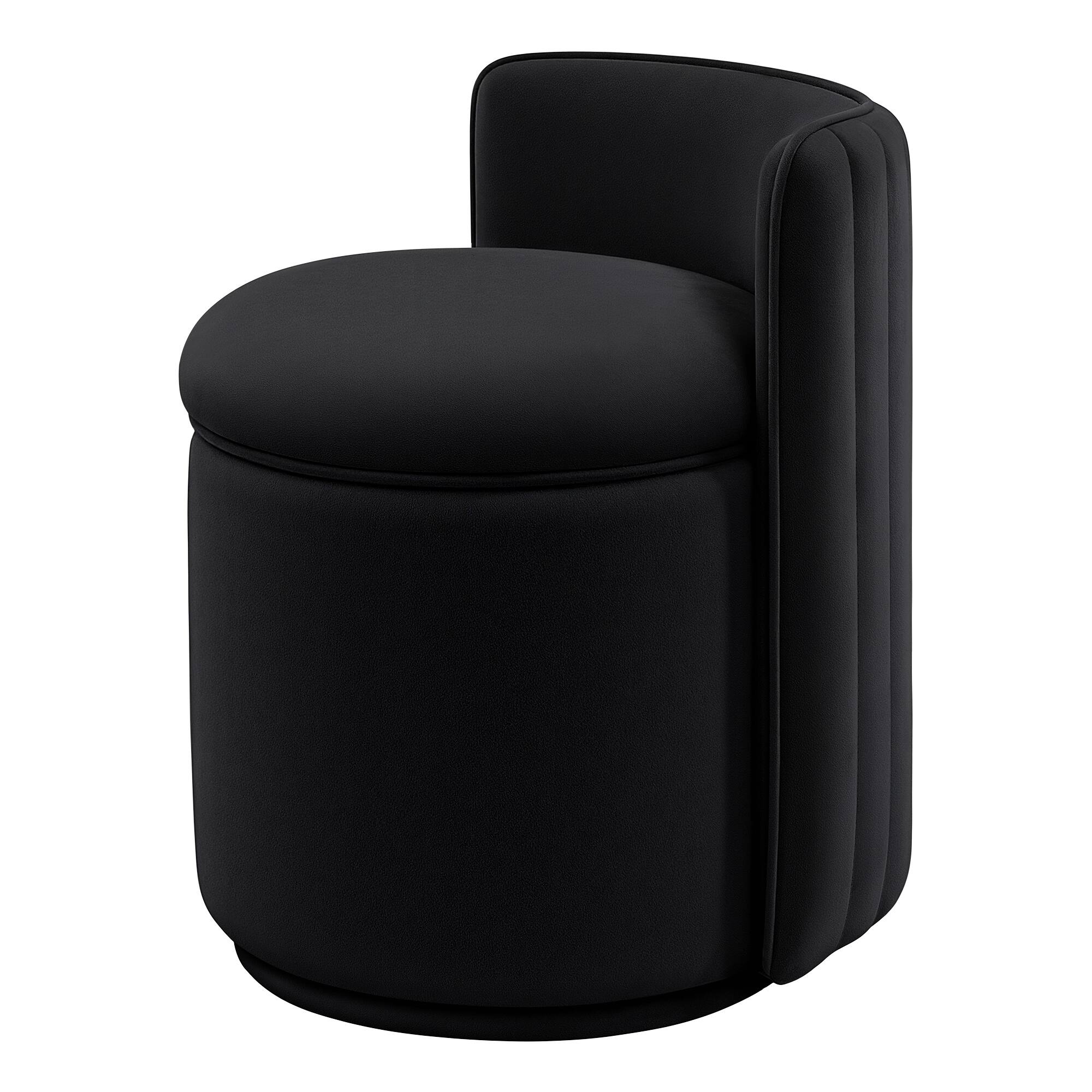 Angle. Brick Attic - Vanity Chair with Storage, Swivel Velvet Makeup Stool with Wave Backrest,Round Upholstered Closet Stool - Black.