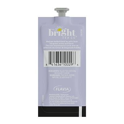 bright TEA CO  
Hand-crafted black tea with fresh bergamot essence and flavor.  
1 tea bag in a tea saver with a bergamot flavor.  

INGREDIENTS: BLACK TEA NATURAL  
INGREDIENTS: 100% ARÔME NATUREL BERGAMOTE  

FLAVIA  

Kendallville, IN 46534  
www.flavia.com  
1-800-352-8328