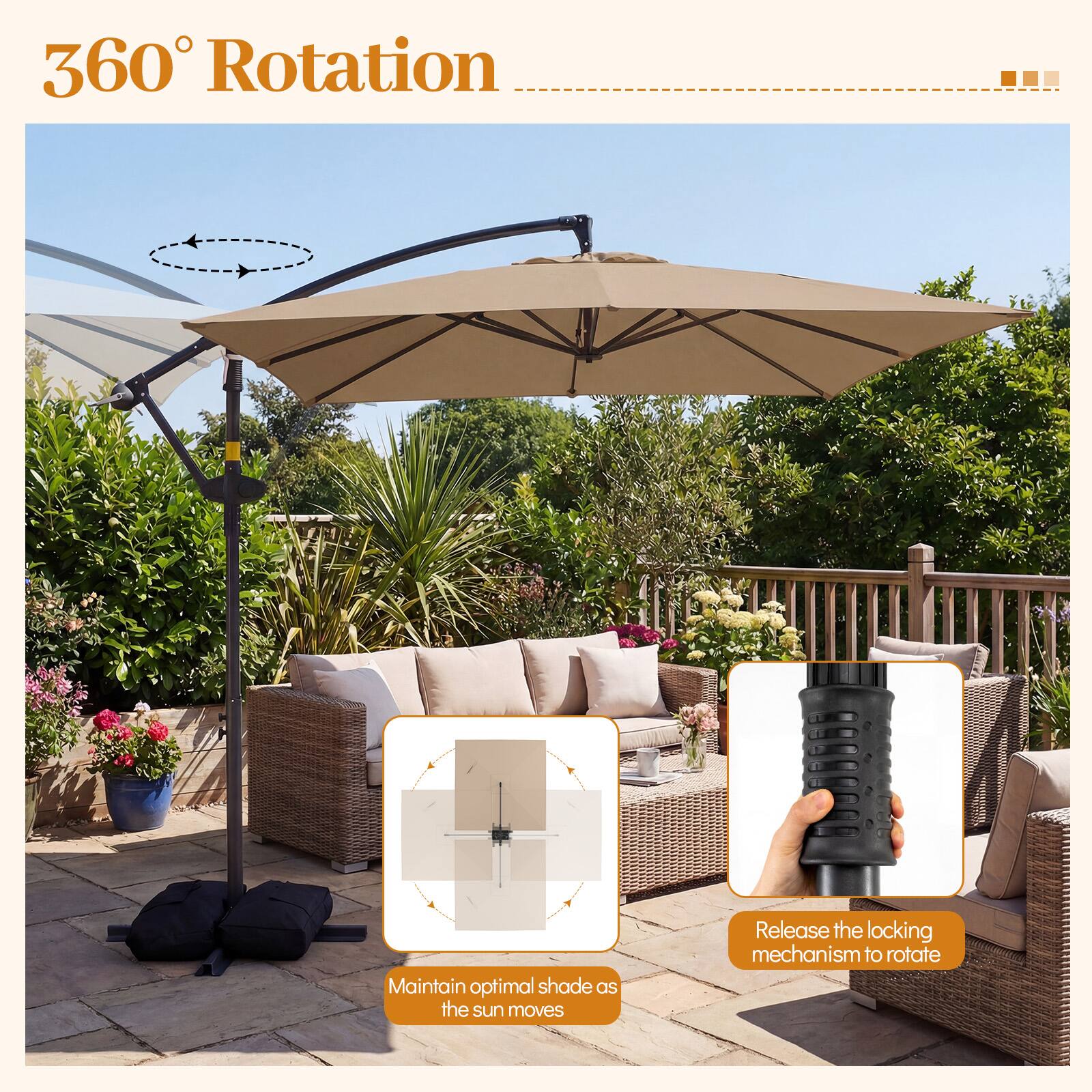 360° Rotation

Maintain optimal shade as the sun moves

Release the locking mechanism to rotate