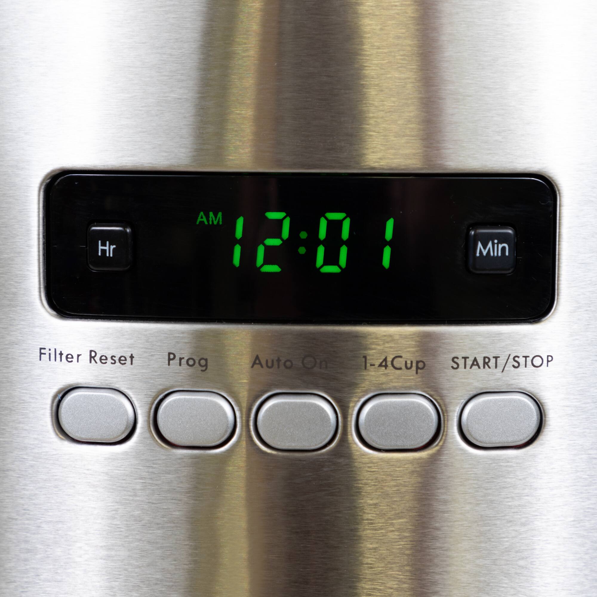 Hr AM 12:01 Min  
Filter Reset Prog Auto On 1-4Cup START/STOP