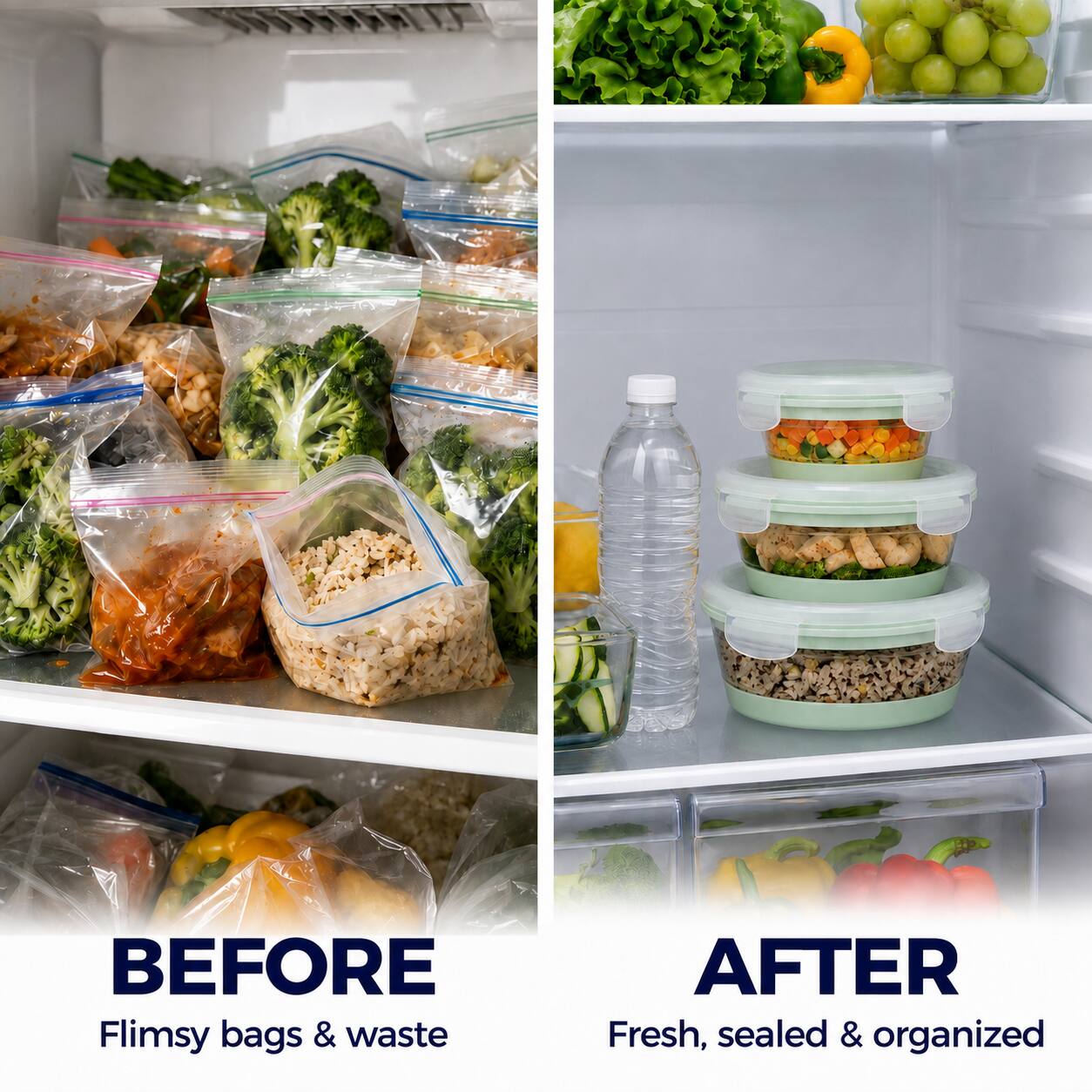 BEFORE Flimsy bags & waste  
AFTER Fresh, sealed & organized